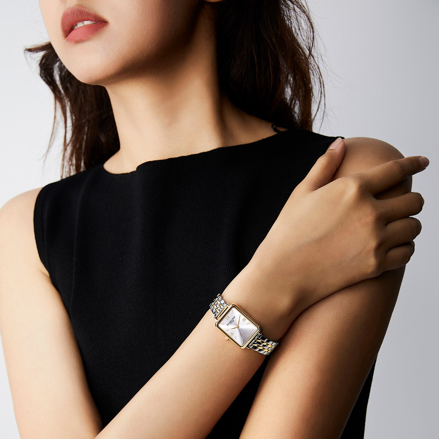Victoria Hyde Hampton women's square watch with gold case, green dial, black leather strap, Japanese Miyota movement, classic elegant design.