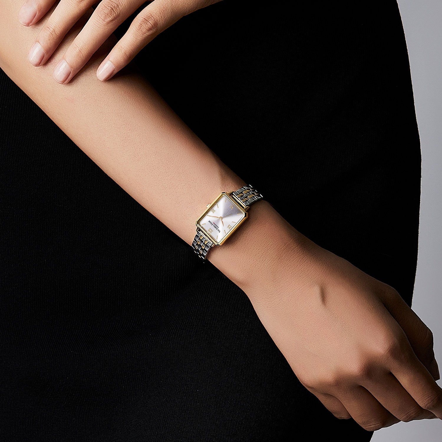 Victoria Hyde Hampton women's square watch with gold case, green dial, black leather strap, Japanese Miyota movement, classic elegant design.