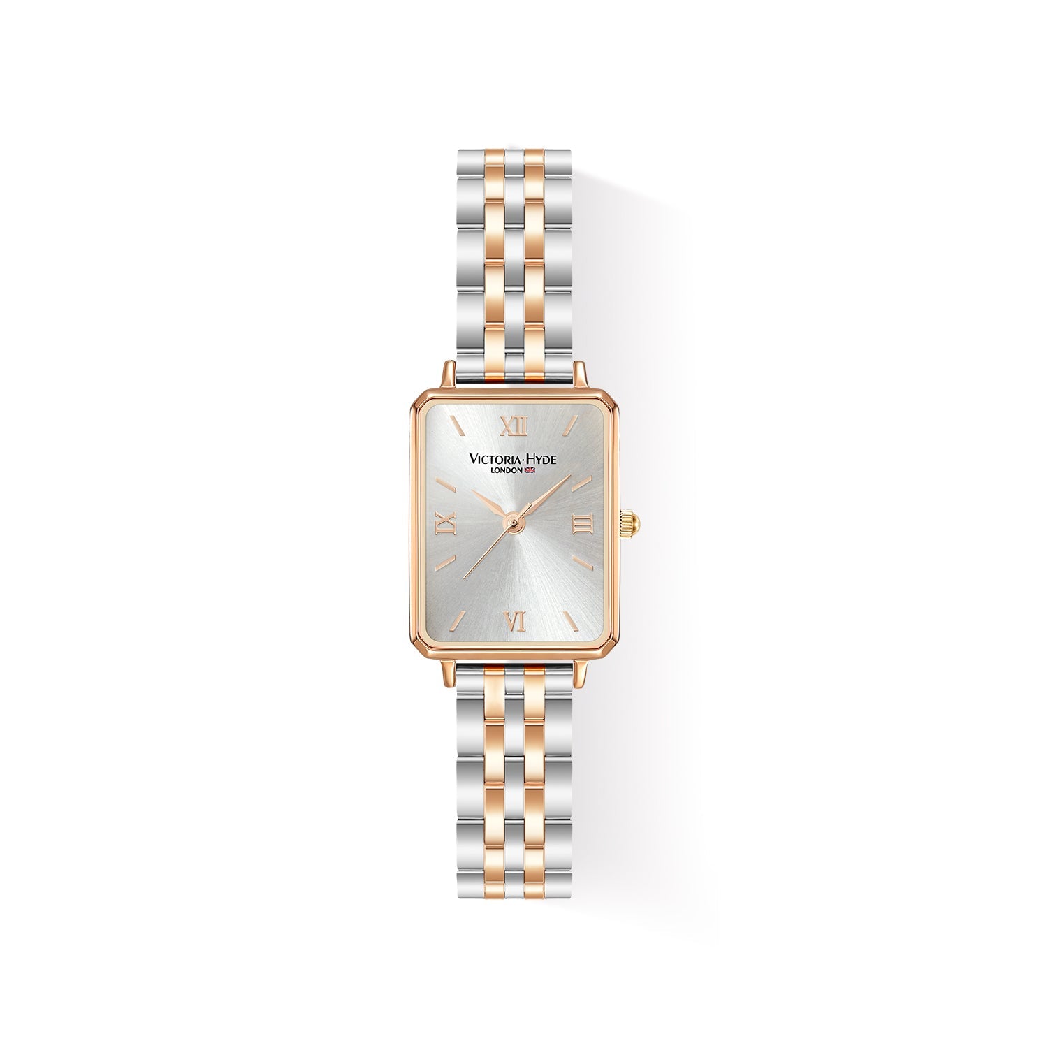 Victoria Hyde Hampton women's square watch with gold and silver stainless steel bracelet, Miyota movement, classic elegance.