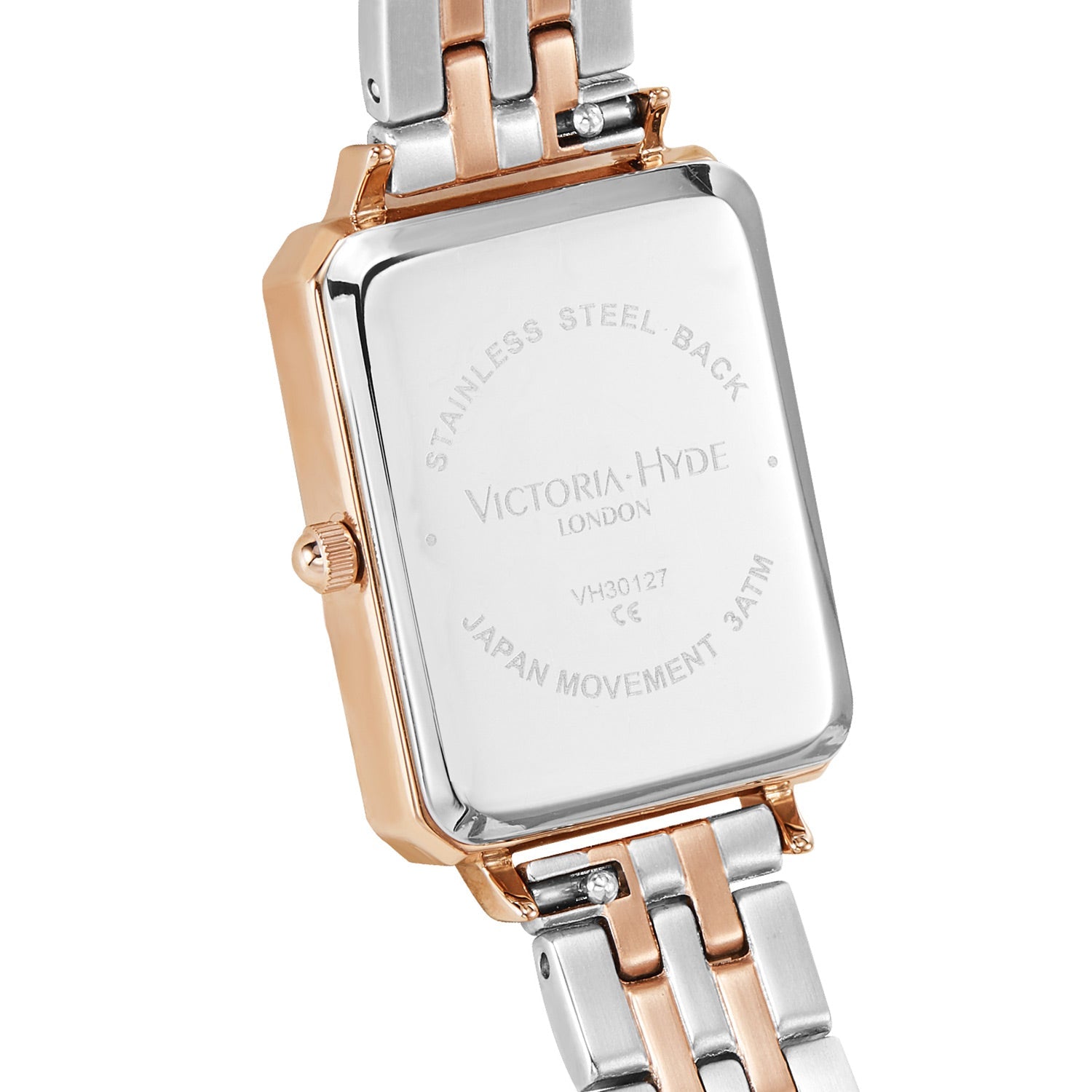 Victoria Hyde Hampton women's square watch with gold and silver stainless steel bracelet, Miyota movement, classic elegance.