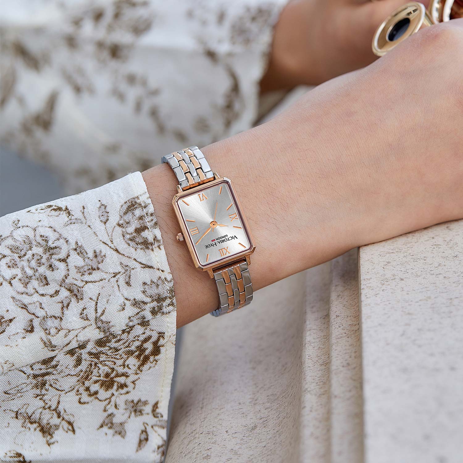 Victoria Hyde Hampton women's square watch with gold and silver stainless steel bracelet, Miyota movement, classic elegance.