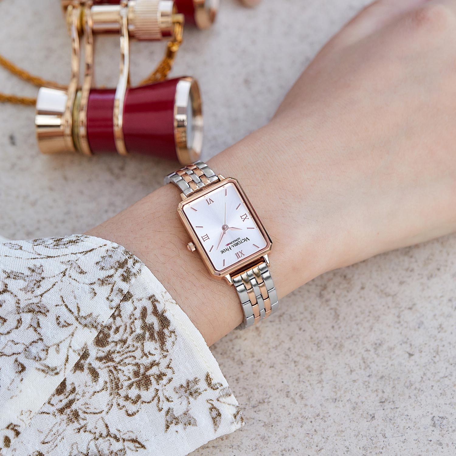 Victoria Hyde Hampton women's square watch with gold and silver stainless steel bracelet, Miyota movement, classic elegance.