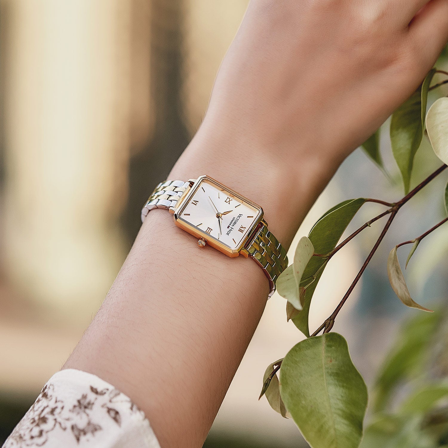 Victoria Hyde Hampton women's square watch with gold and silver stainless steel bracelet, Miyota movement, classic elegance.