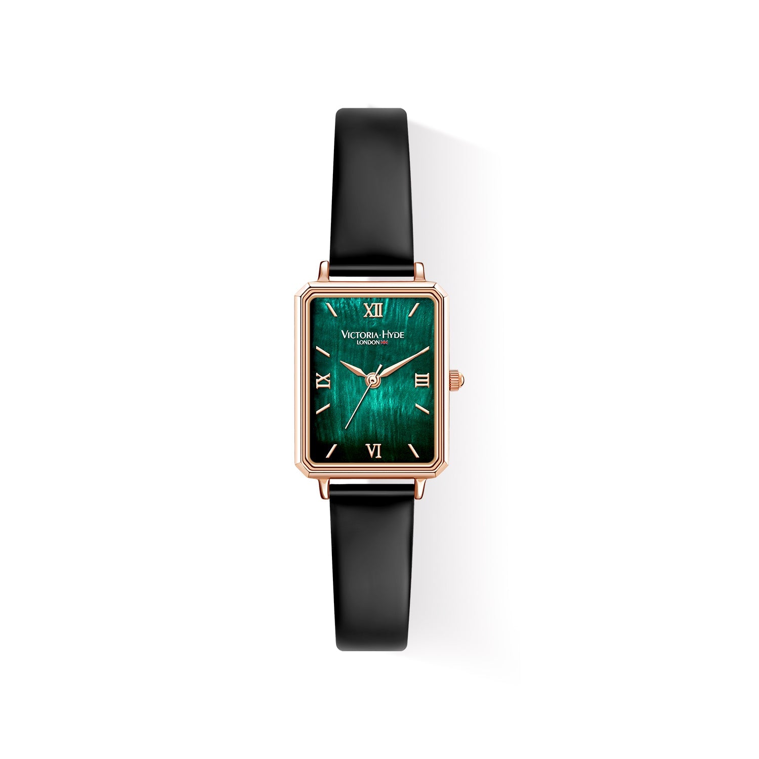 Victoria Hyde Hampton women's square watch, glossy gold case, leather strap, Miyota movement, classic elegance, mineral glass, timeless accessory.
