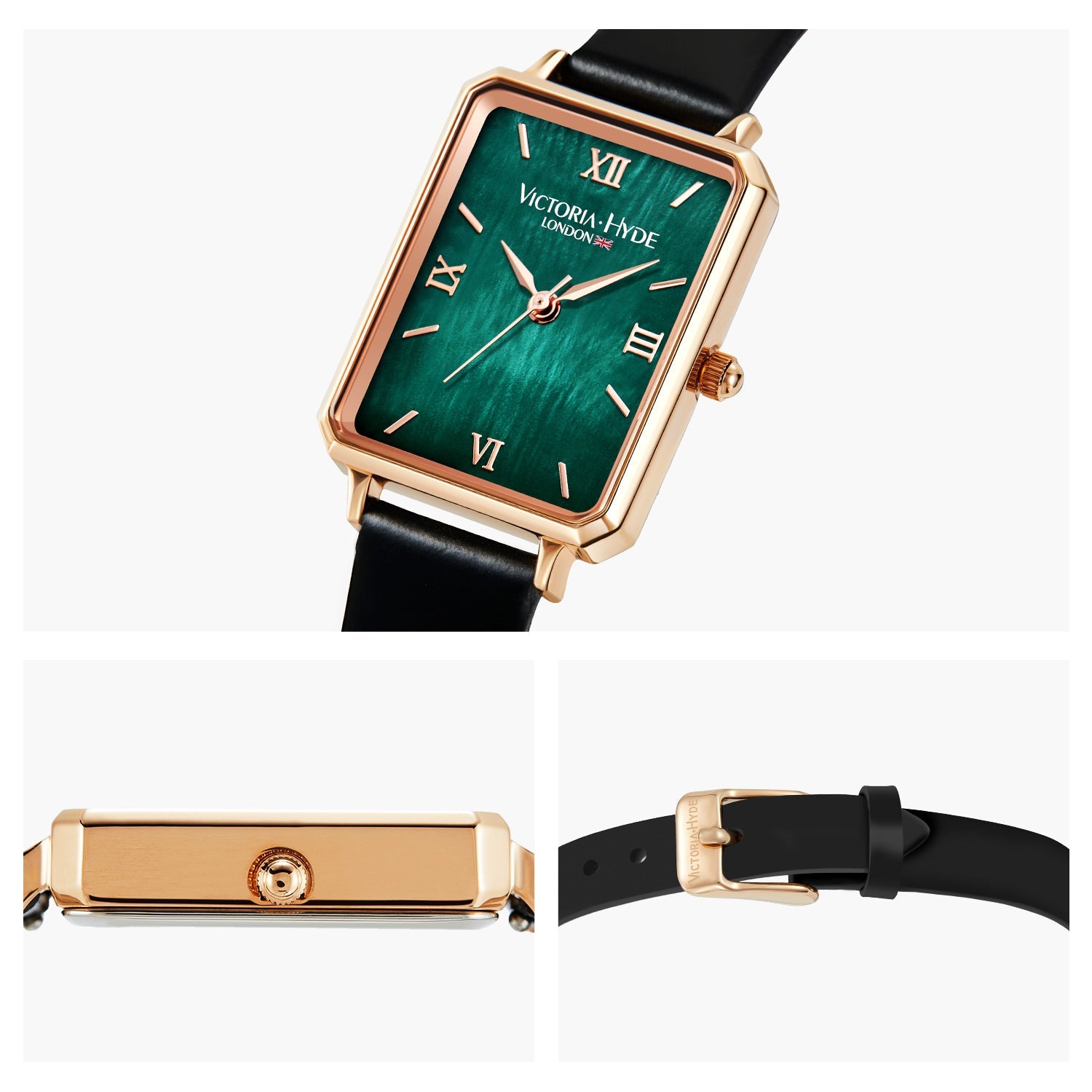 Victoria Hyde Hampton women's square watch, glossy gold case, leather strap, Miyota movement, classic elegance, mineral glass, timeless accessory.