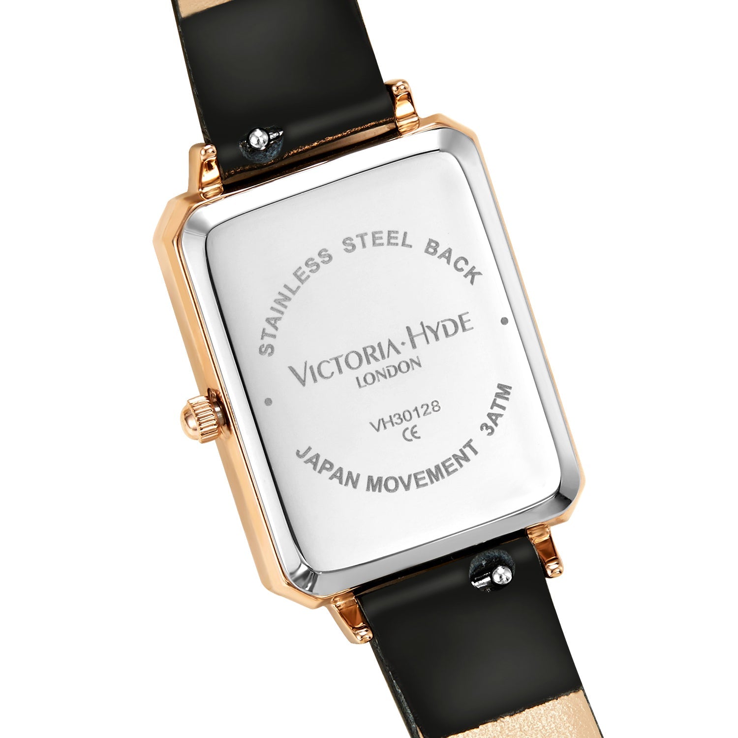 Victoria Hyde Hampton women's square watch, glossy gold case, leather strap, Miyota movement, classic elegance, mineral glass, timeless accessory.