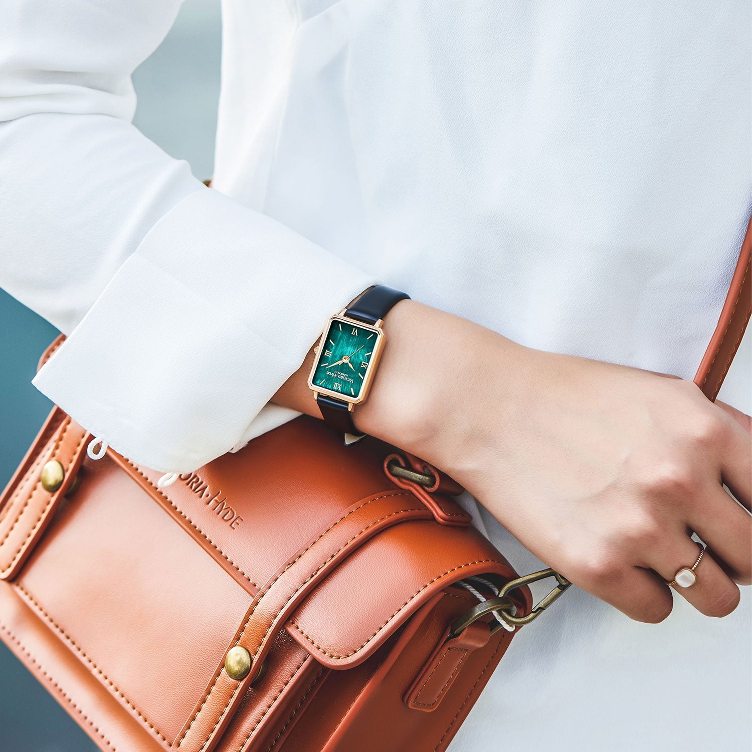 Victoria Hyde Hampton women's square watch, glossy gold case, leather strap, Miyota movement, classic elegance, mineral glass, timeless accessory.