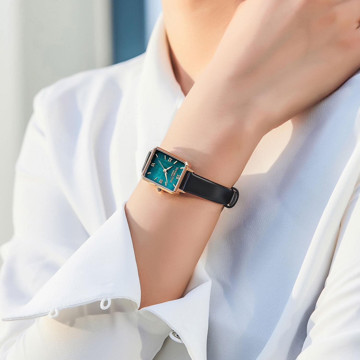 Victoria Hyde Hampton women's square watch, glossy gold case, leather strap, Miyota movement, classic elegance, mineral glass, timeless accessory.