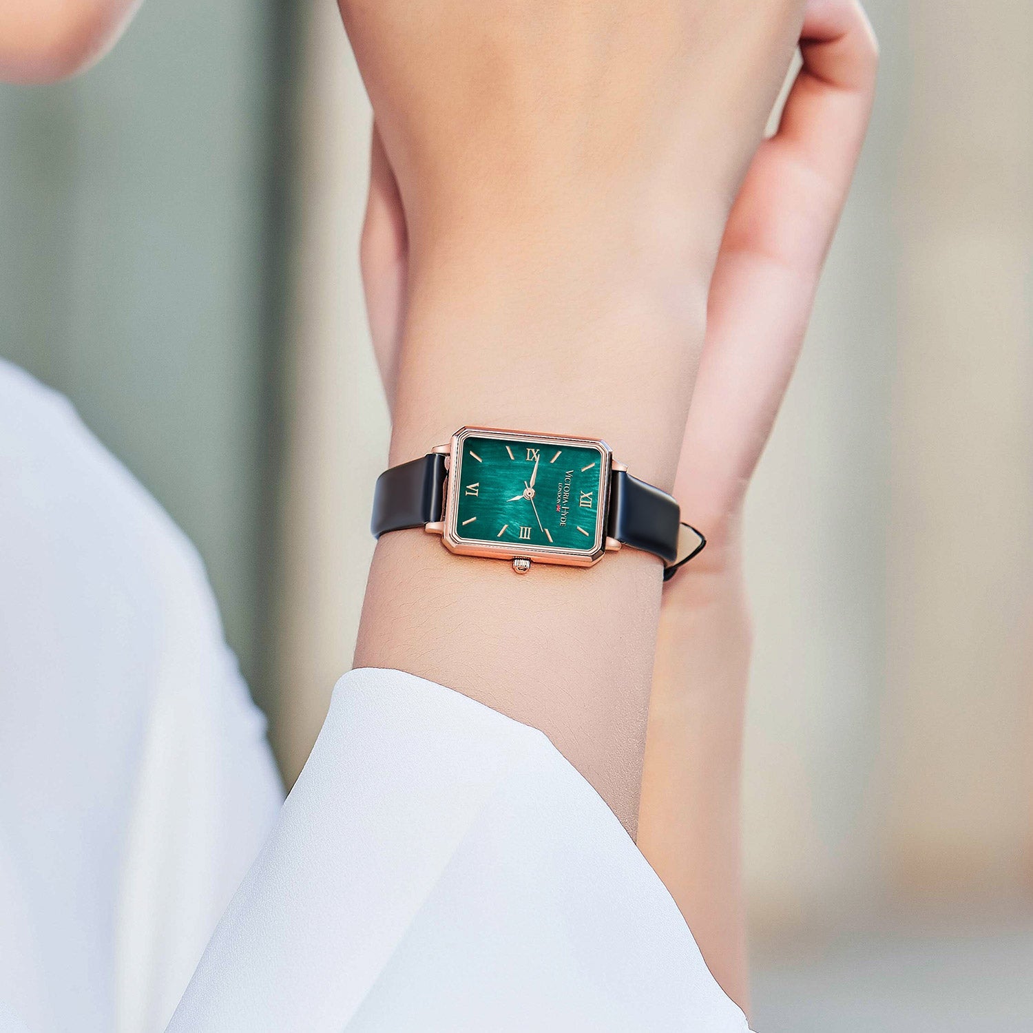 Victoria Hyde Hampton women's square watch, glossy gold case, leather strap, Miyota movement, classic elegance, mineral glass, timeless accessory.