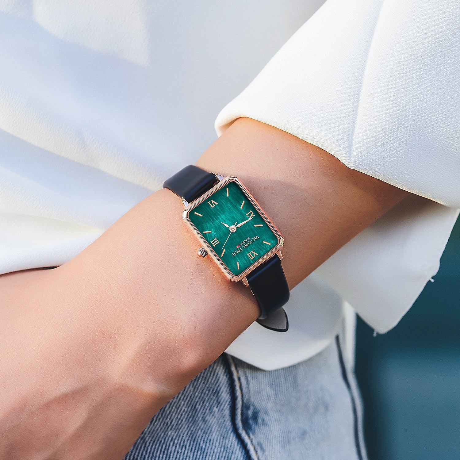 Victoria Hyde Hampton women's square watch, glossy gold case, leather strap, Miyota movement, classic elegance, mineral glass, timeless accessory.