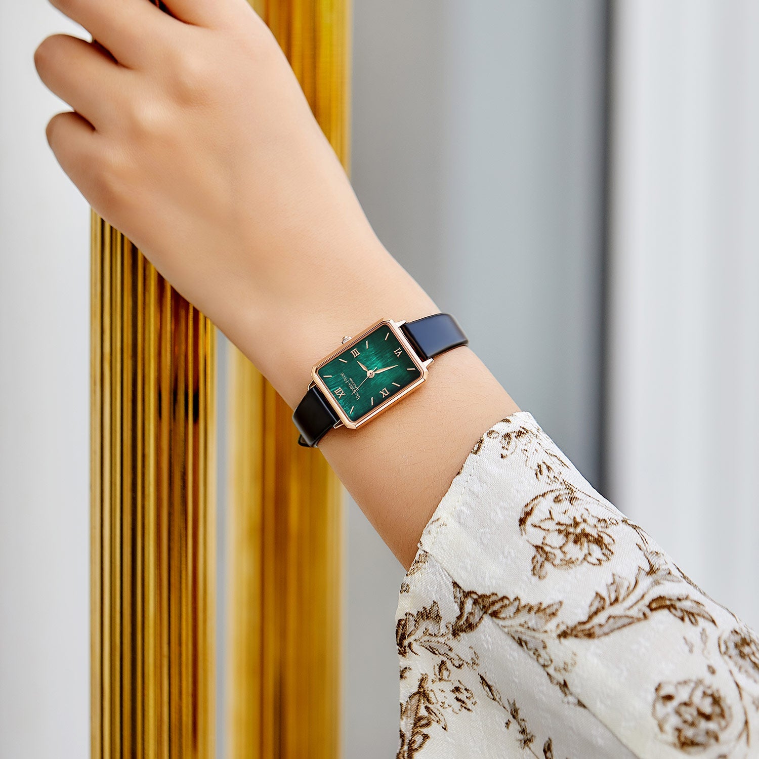 Victoria Hyde Hampton women's square watch, glossy gold case, leather strap, Miyota movement, classic elegance, mineral glass, timeless accessory.