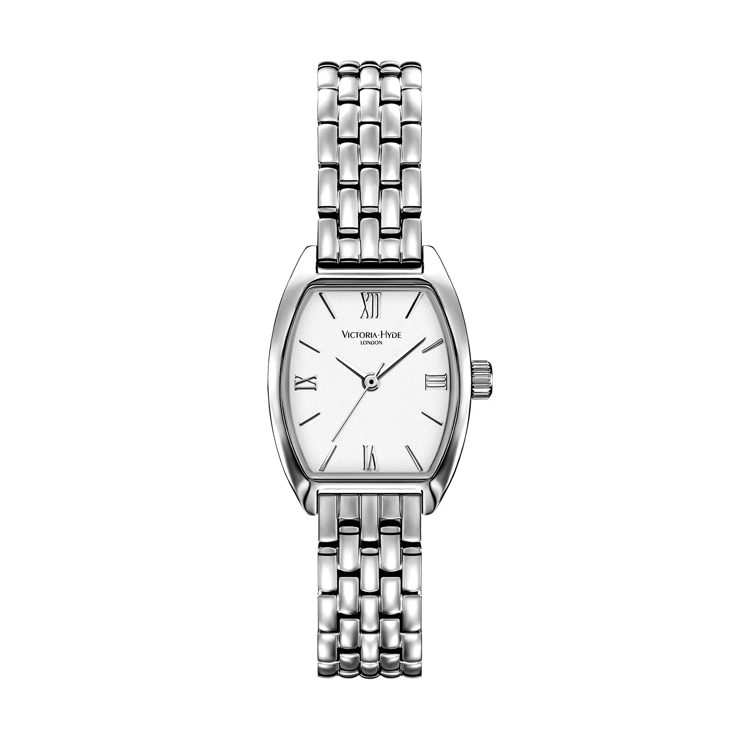 Victoria Hyde London BARREL women's watch, silver tonneau case, sand-effect dial, stainless steel bracelet, quartz movement, 3 ATM water resistance.