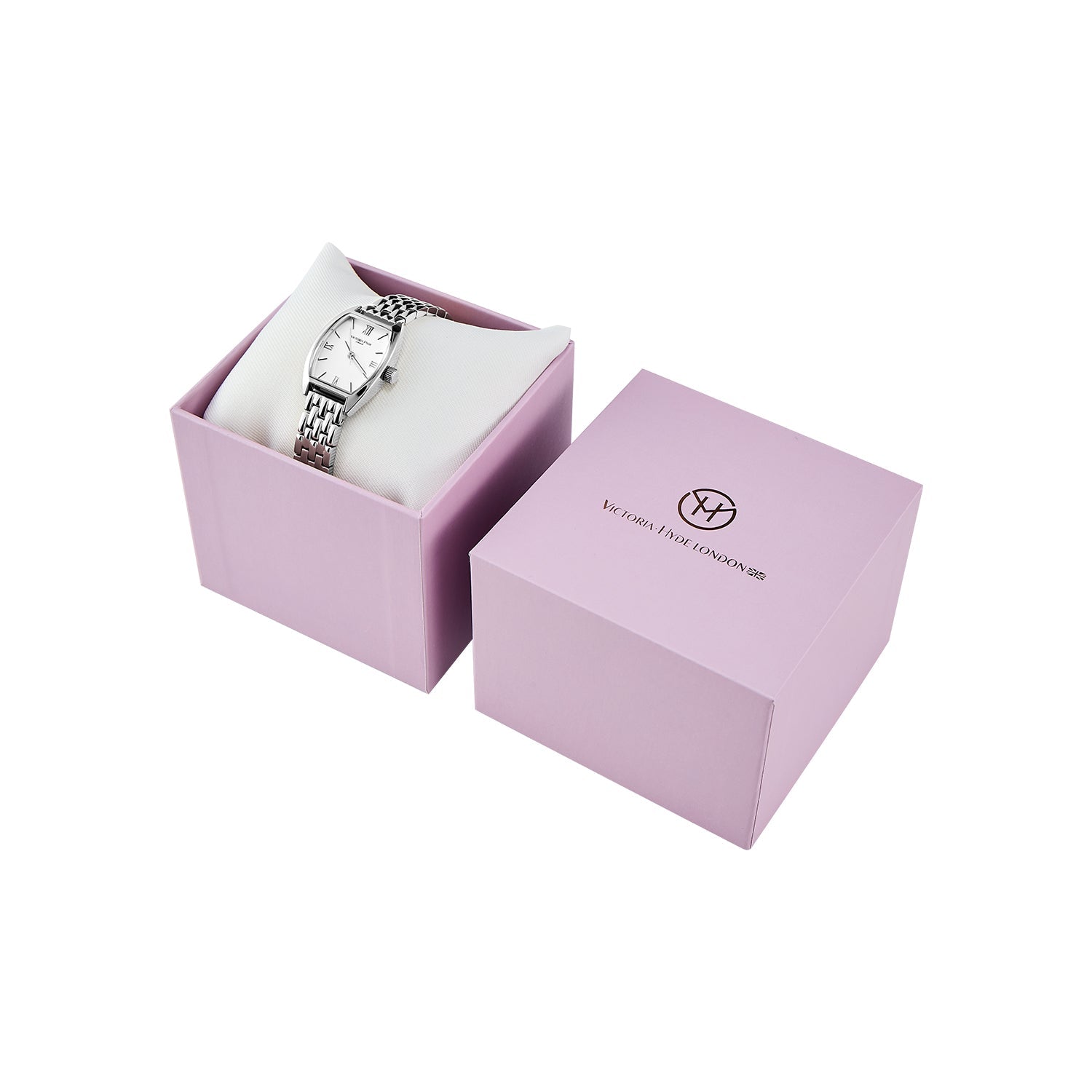 Victoria Hyde London BARREL women's watch, silver tonneau case, sand-effect dial, stainless steel bracelet, quartz movement, 3 ATM water resistance.