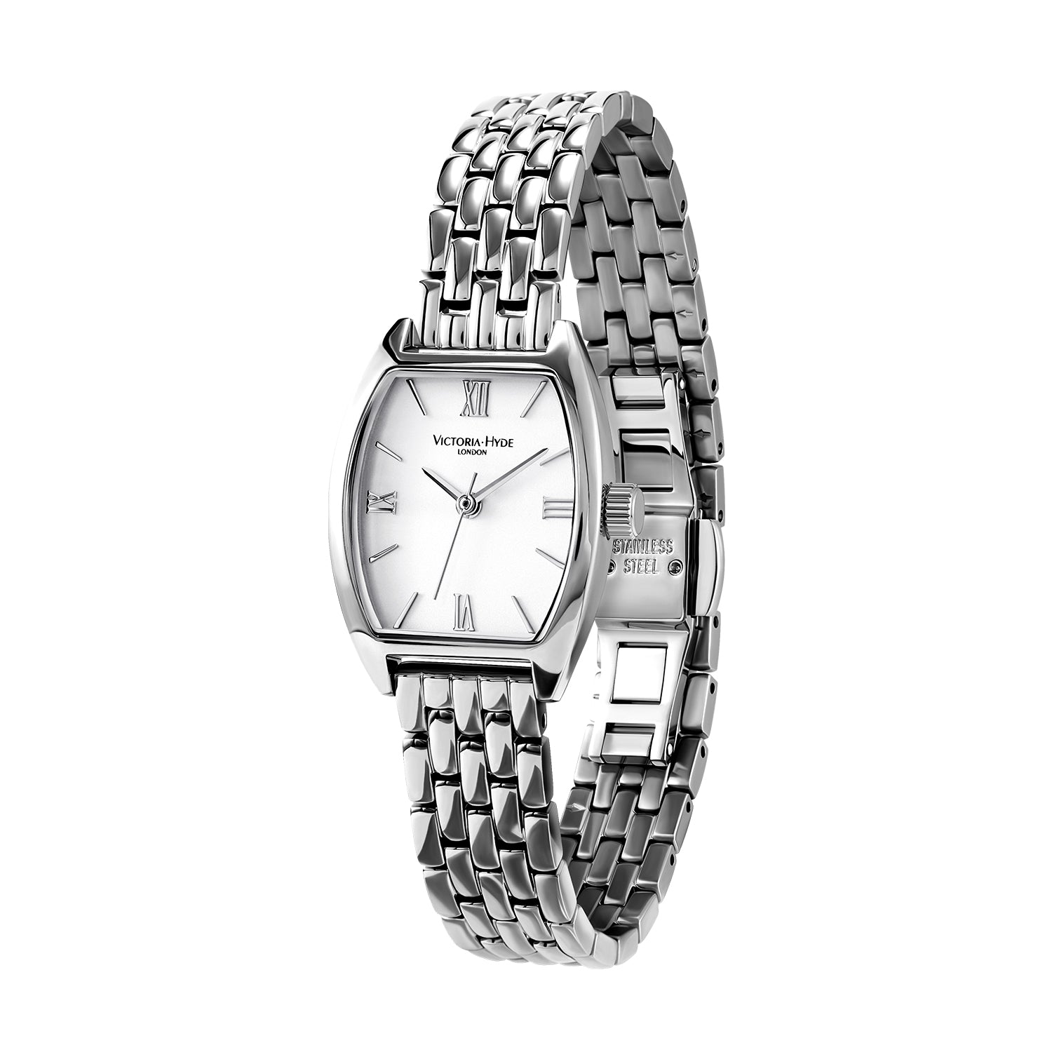 Victoria Hyde London BARREL women's watch, silver tonneau case, sand-effect dial, stainless steel bracelet, quartz movement, 3 ATM water resistance.
