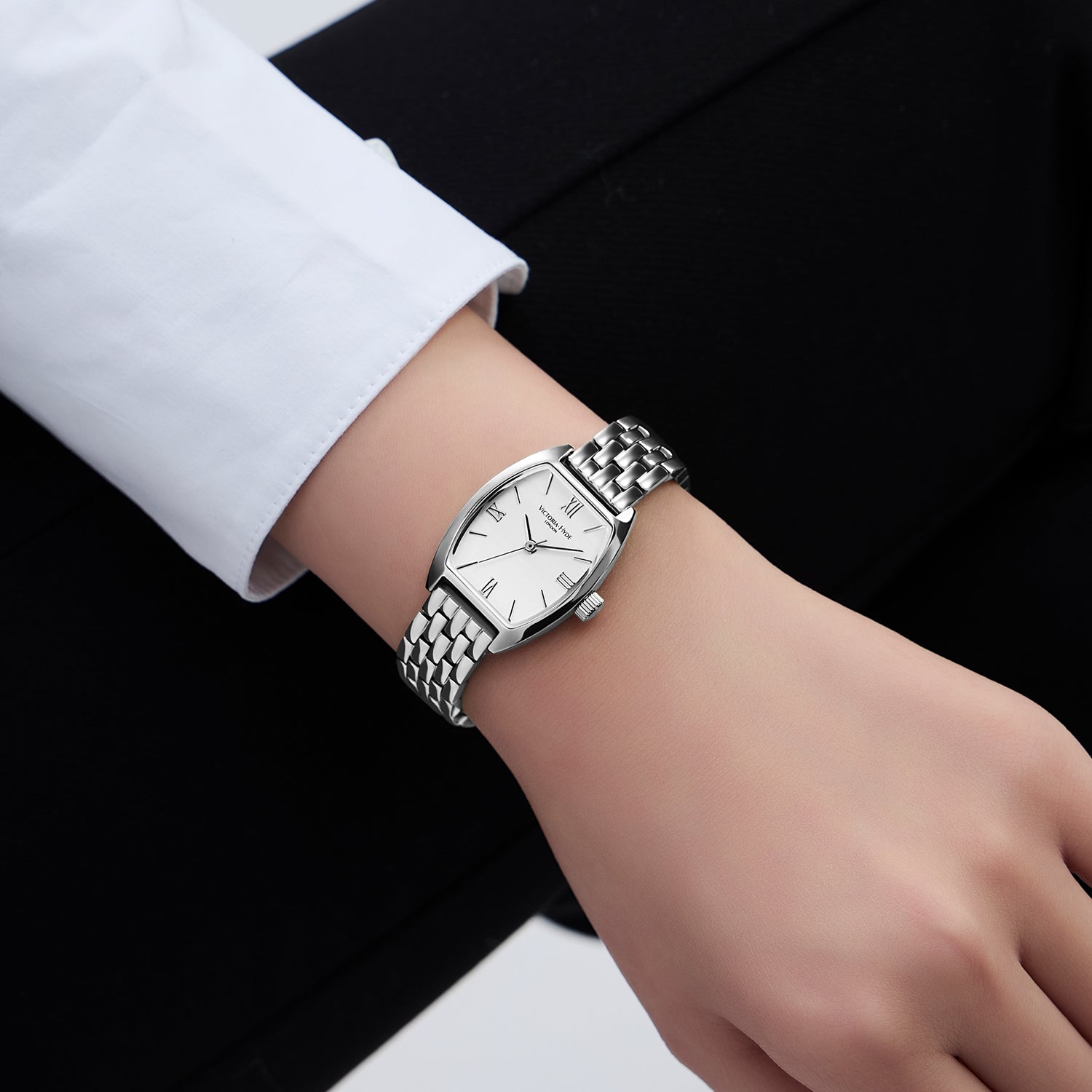 Victoria Hyde London BARREL women's watch, silver tonneau case, sand-effect dial, stainless steel bracelet, quartz movement, 3 ATM water resistance.