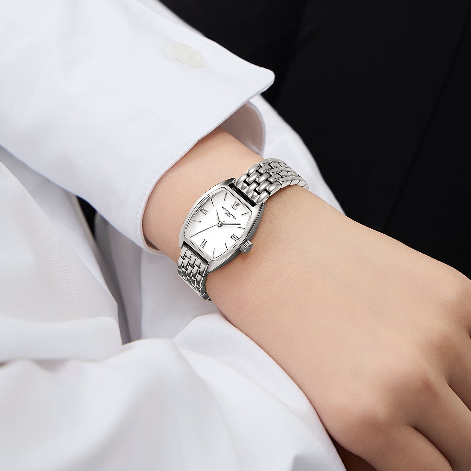 Victoria Hyde London BARREL women's watch, silver tonneau case, sand-effect dial, stainless steel bracelet, quartz movement, 3 ATM water resistance.