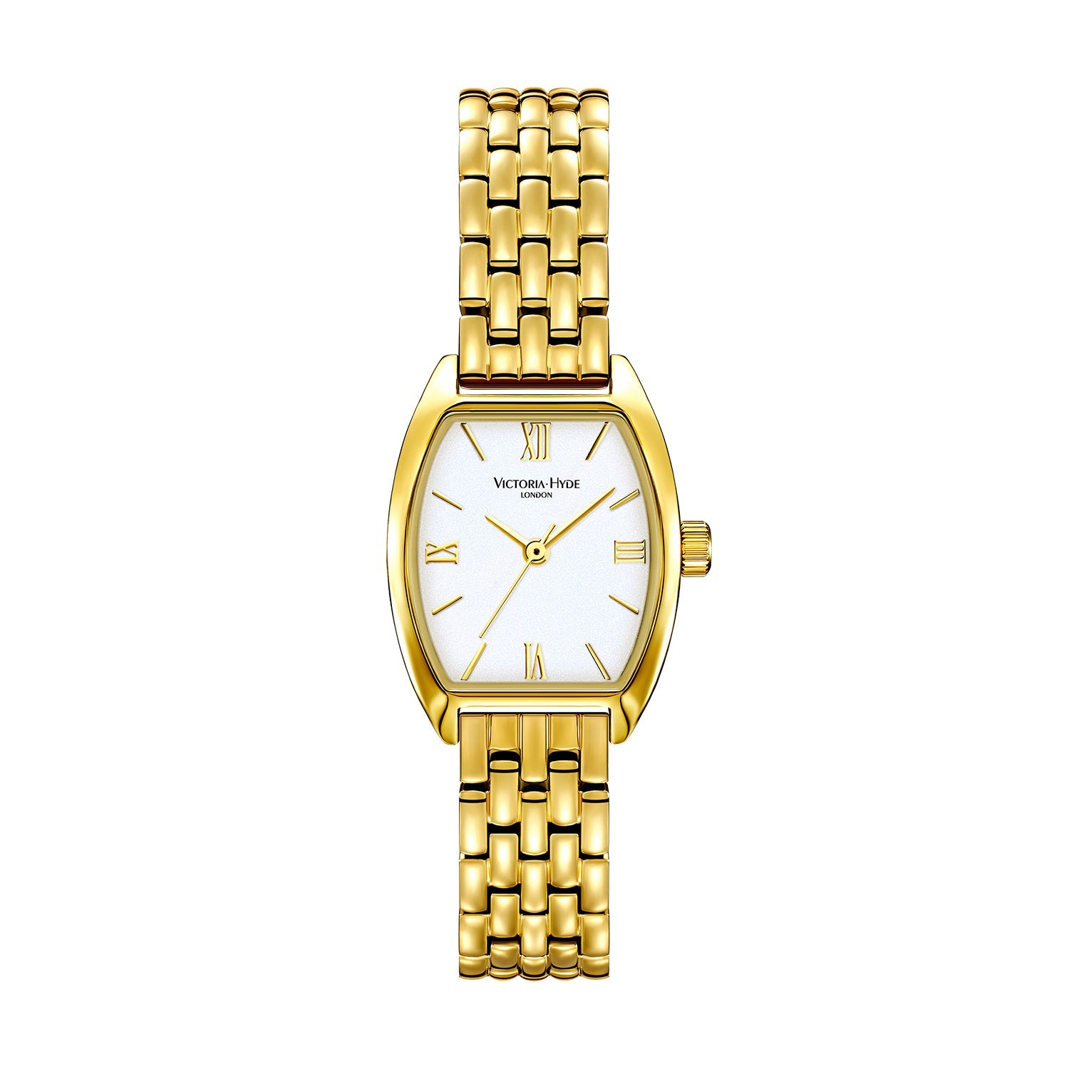 Victoria Hyde London BARREL watch, light gold tonneau case, silver sand-effect dial, stainless steel bracelet, quartz movement.