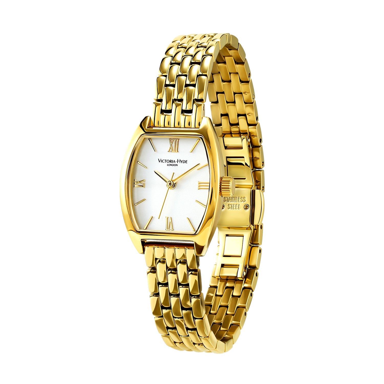 Victoria Hyde London BARREL watch, light gold tonneau case, silver sand-effect dial, stainless steel bracelet, quartz movement.