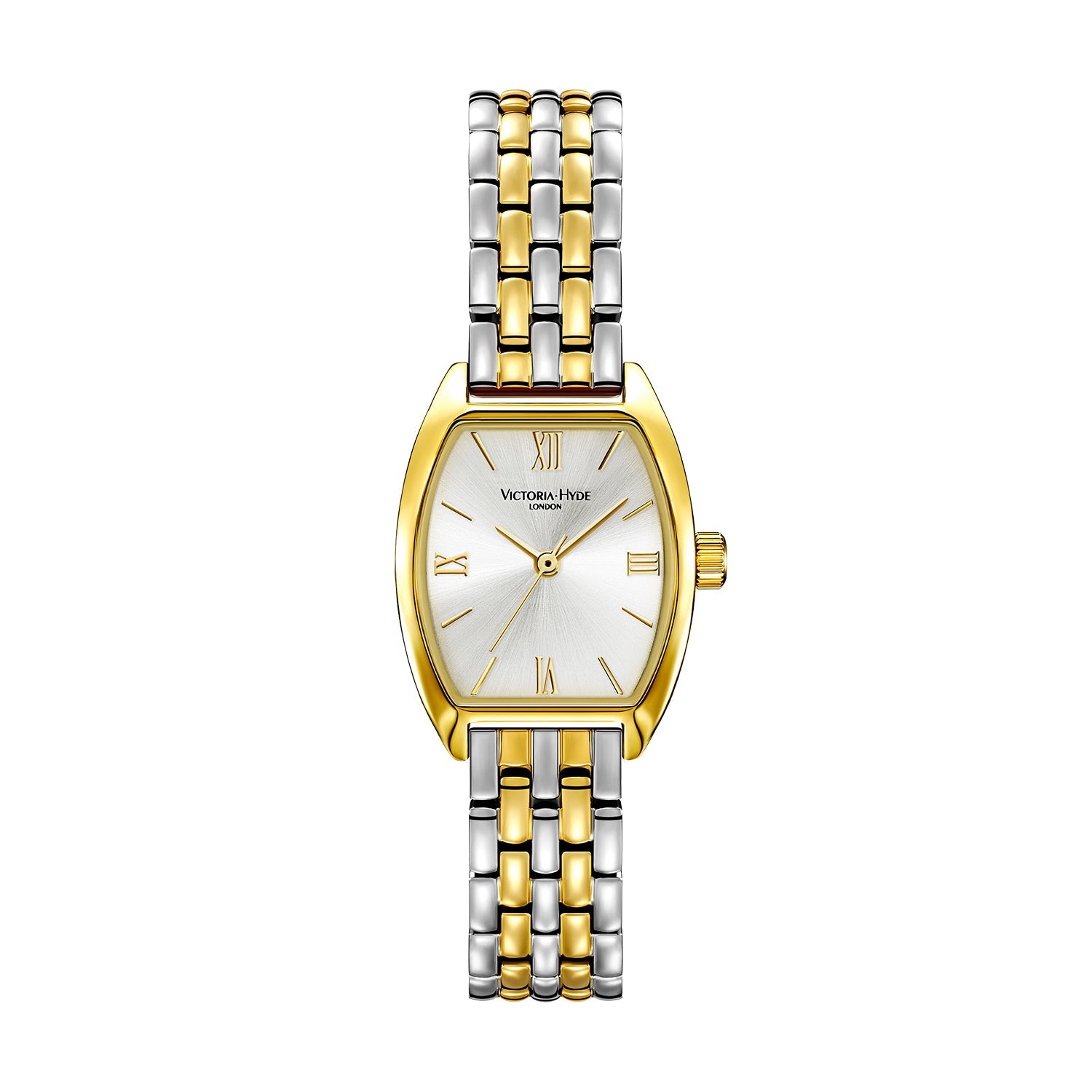 Victoria Hyde BARREL watch: silver gold tonneau case, sunburst dial, stainless steel bracelet, quartz movement, 3ATM.