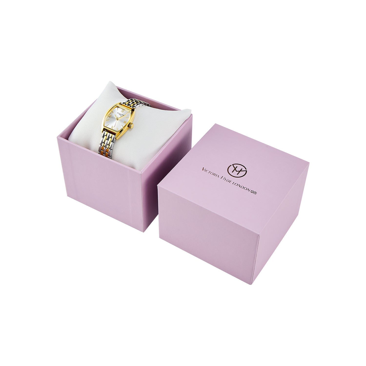 Victoria Hyde BARREL watch: silver gold tonneau case, sunburst dial, stainless steel bracelet, quartz movement, 3ATM.