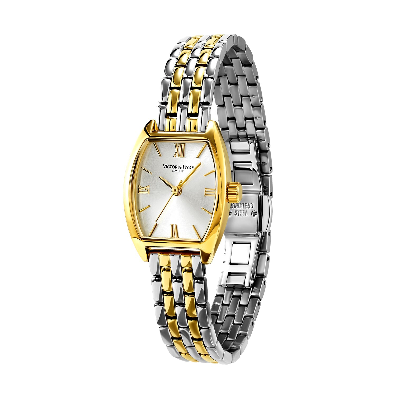 Victoria Hyde BARREL watch: silver gold tonneau case, sunburst dial, stainless steel bracelet, quartz movement, 3ATM.