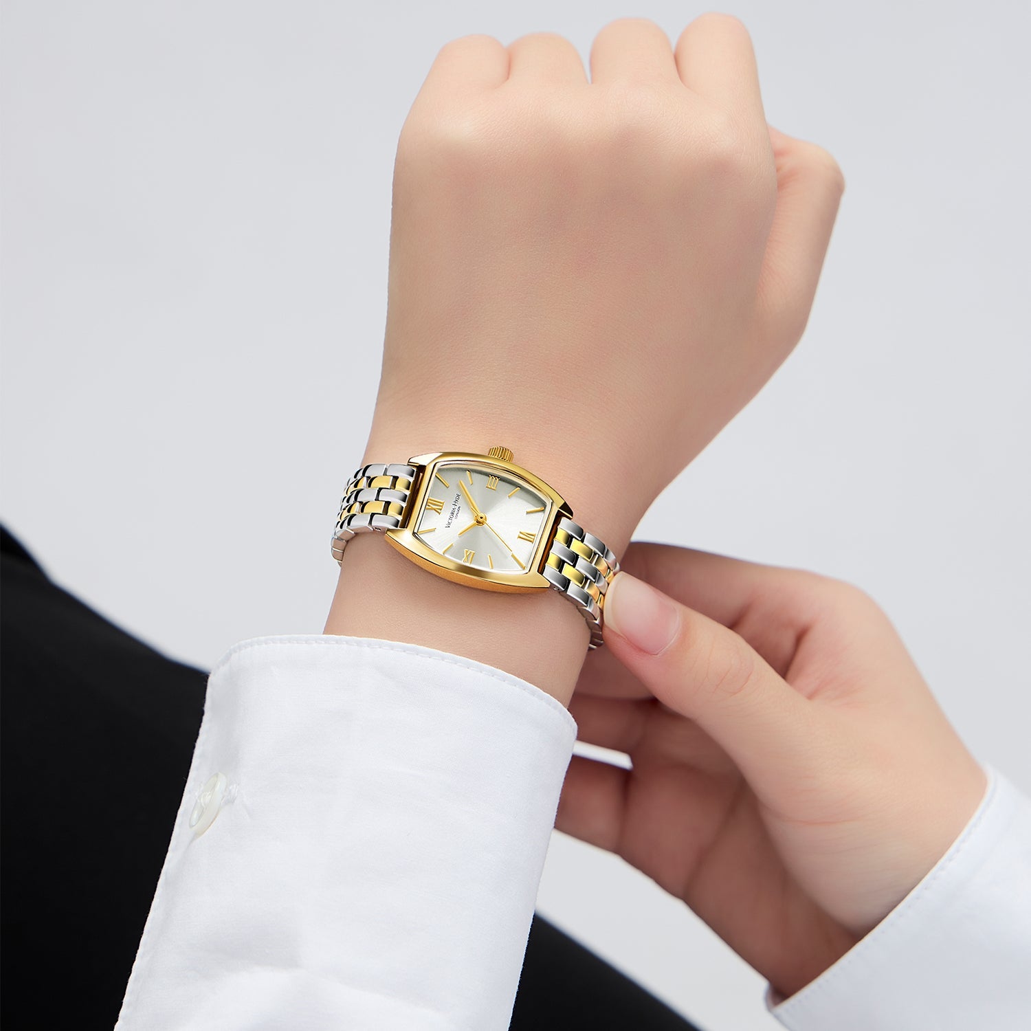 Victoria Hyde BARREL watch: silver gold tonneau case, sunburst dial, stainless steel bracelet, quartz movement, 3ATM.