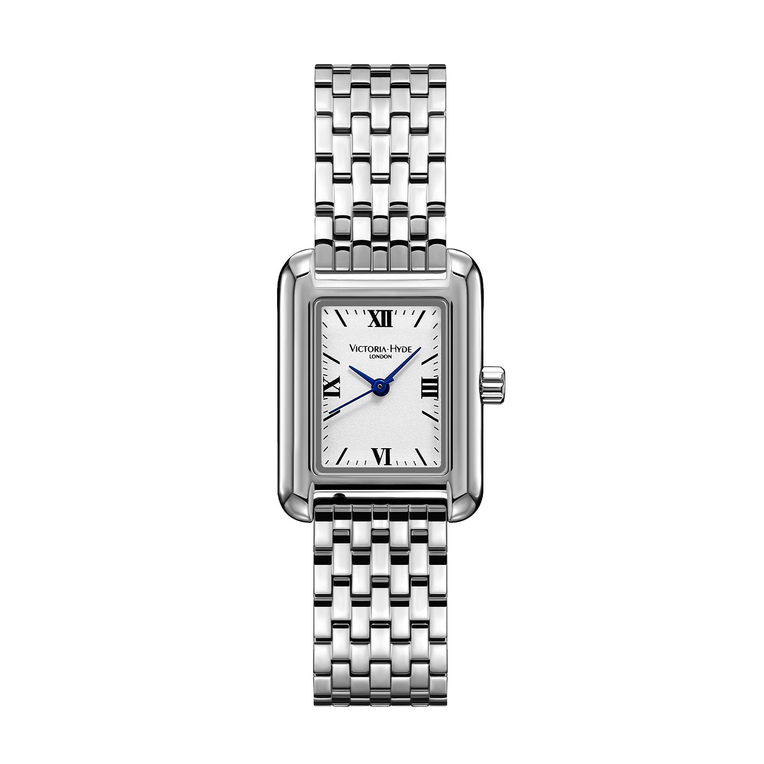 Silver square watch by Victoria Hyde London Retro series: copper case, sand-effect dial, stainless steel bracelet, quartz movement, 3ATM.