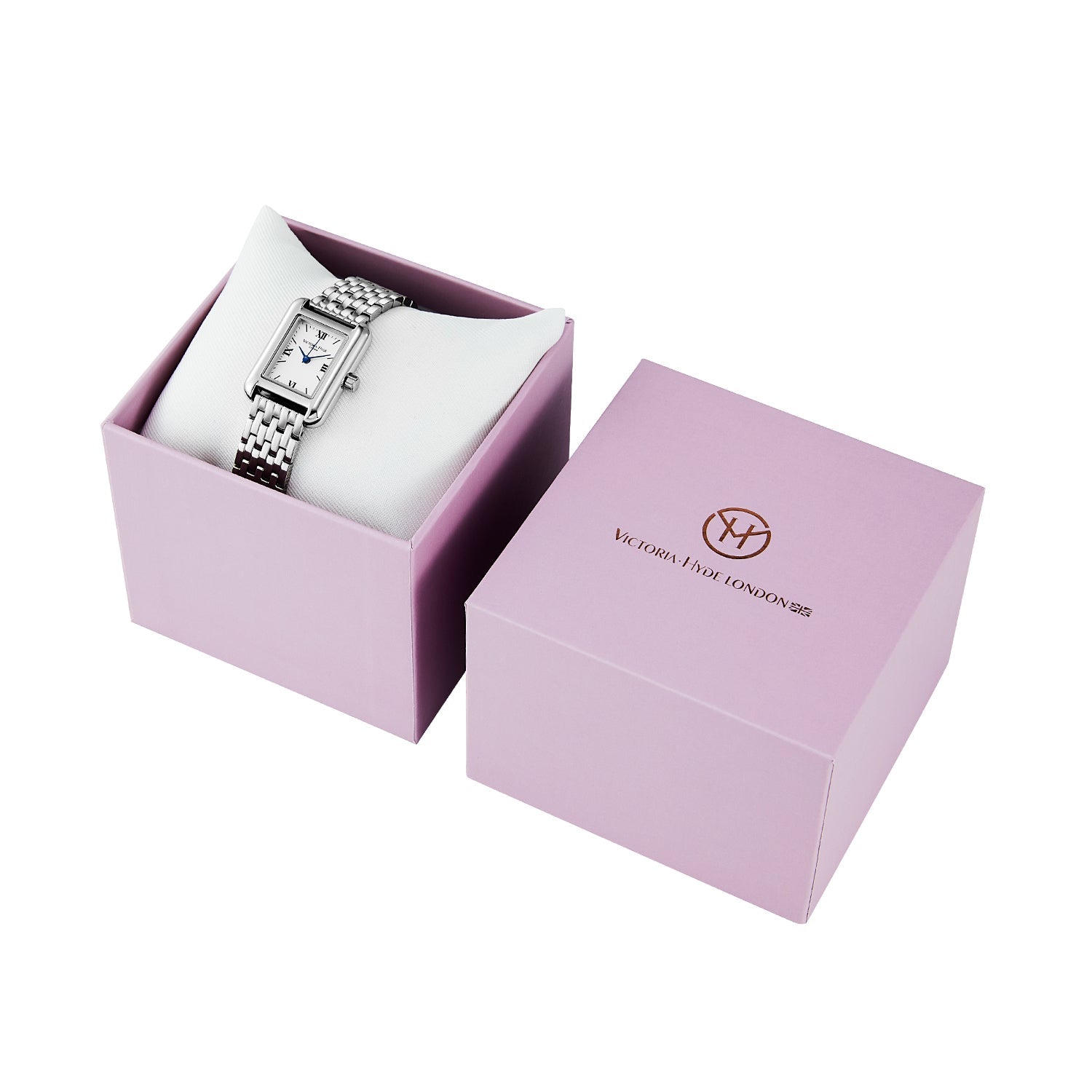Silver square watch by Victoria Hyde London Retro series: copper case, sand-effect dial, stainless steel bracelet, quartz movement, 3ATM.