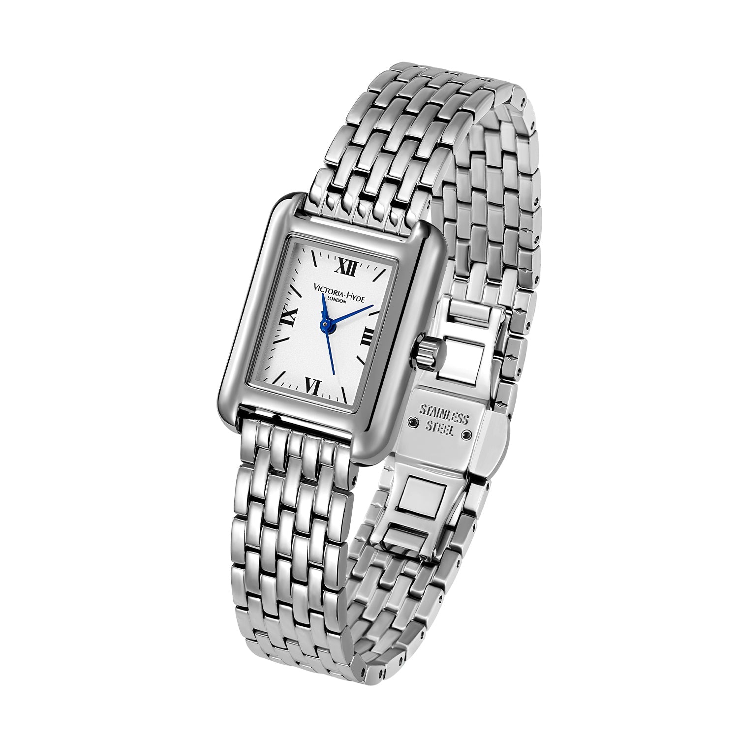 Silver square watch by Victoria Hyde London Retro series: copper case, sand-effect dial, stainless steel bracelet, quartz movement, 3ATM.
