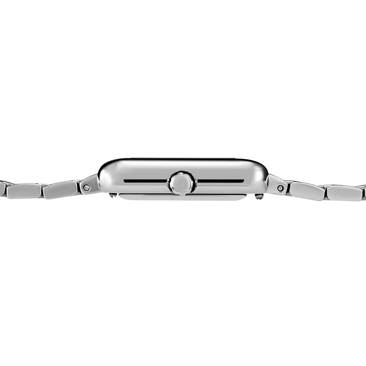 Silver square watch by Victoria Hyde London Retro series: copper case, sand-effect dial, stainless steel bracelet, quartz movement, 3ATM.