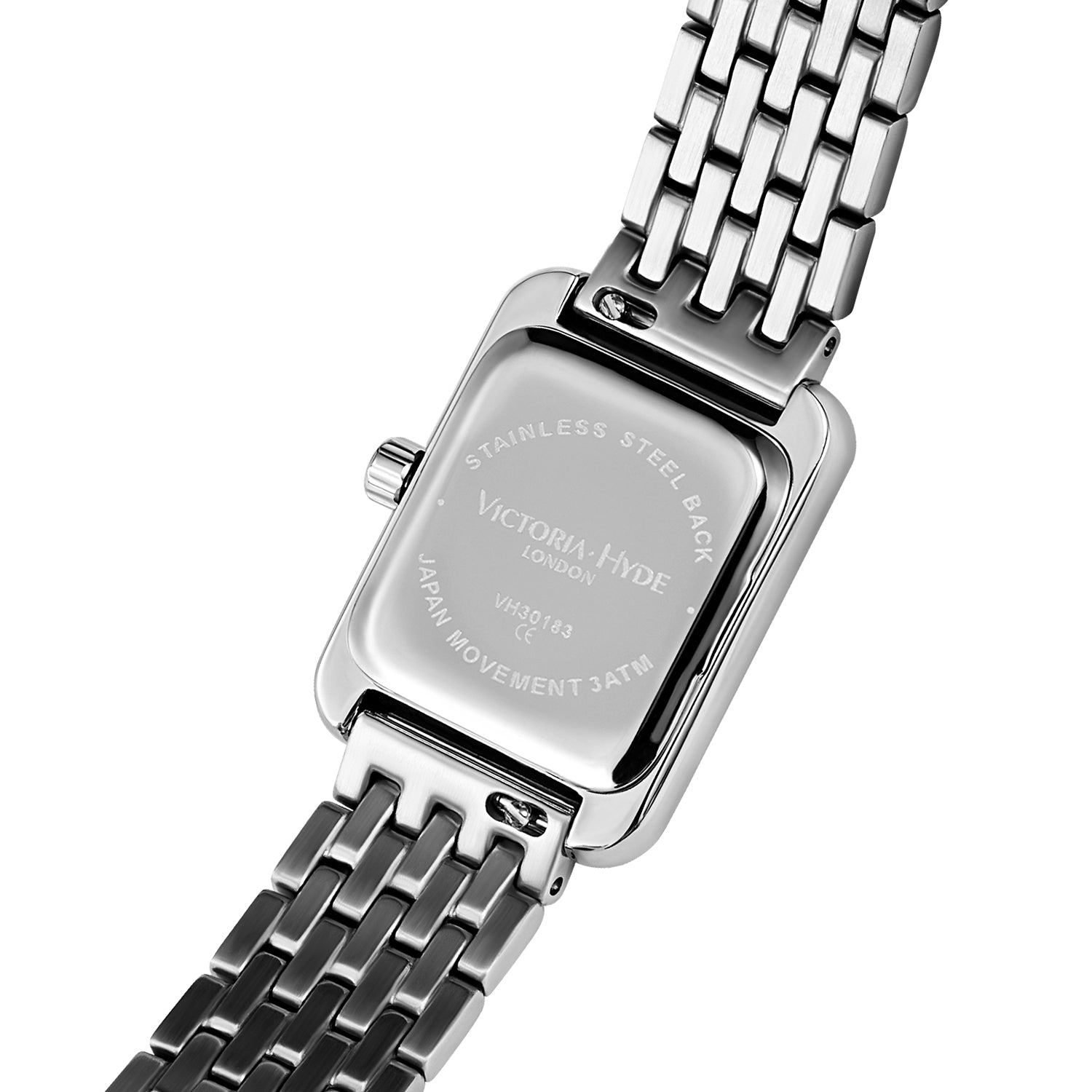 Silver square watch by Victoria Hyde London Retro series: copper case, sand-effect dial, stainless steel bracelet, quartz movement, 3ATM.