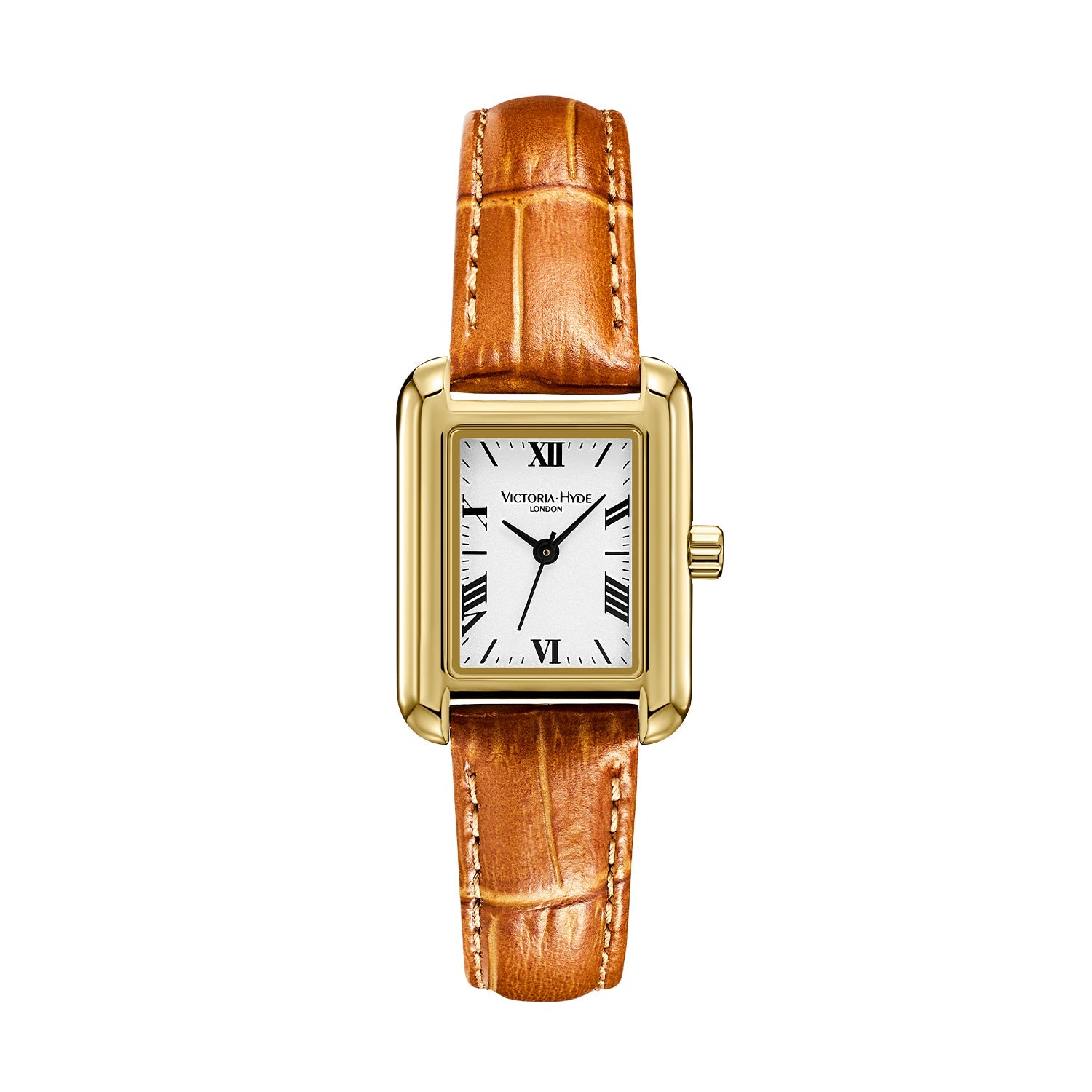 Victoria Hyde RETRO women’s watch, light gold square case, silver sand-effect dial, brown bamboo-pattern leather strap, Japanese quartz movement, 3ATM.