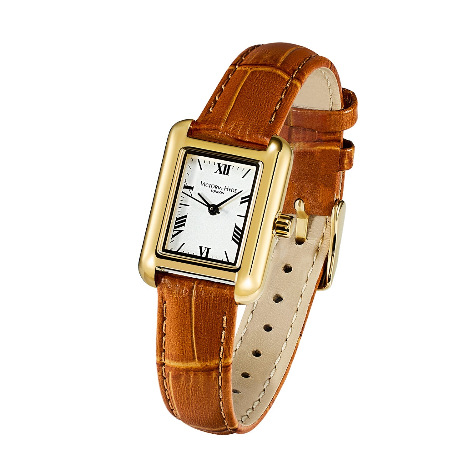 Victoria Hyde RETRO women’s watch, light gold square case, silver sand-effect dial, brown bamboo-pattern leather strap, Japanese quartz movement, 3ATM.