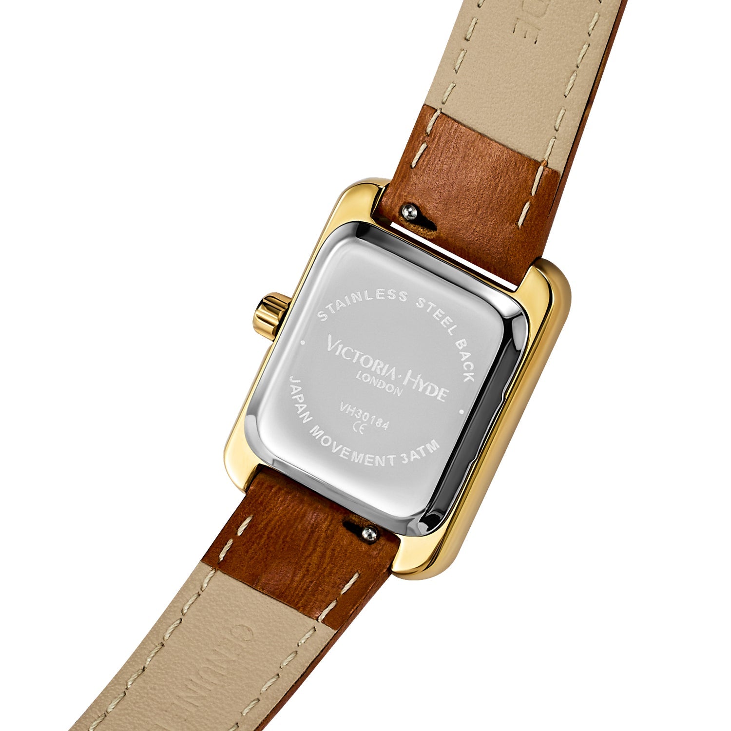 Victoria Hyde RETRO women’s watch, light gold square case, silver sand-effect dial, brown bamboo-pattern leather strap, Japanese quartz movement, 3ATM.