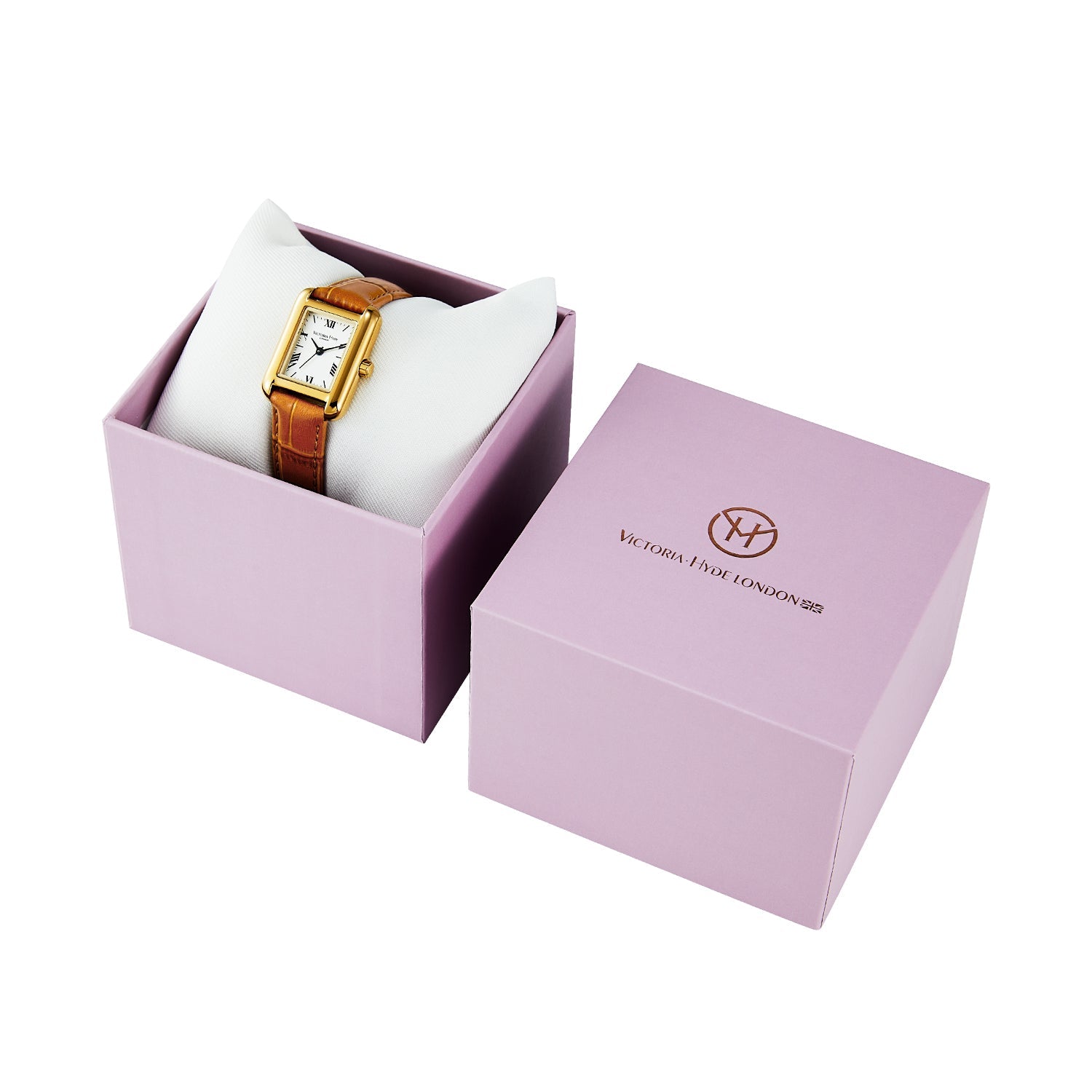 Victoria Hyde RETRO women’s watch, light gold square case, silver sand-effect dial, brown bamboo-pattern leather strap, Japanese quartz movement, 3ATM.