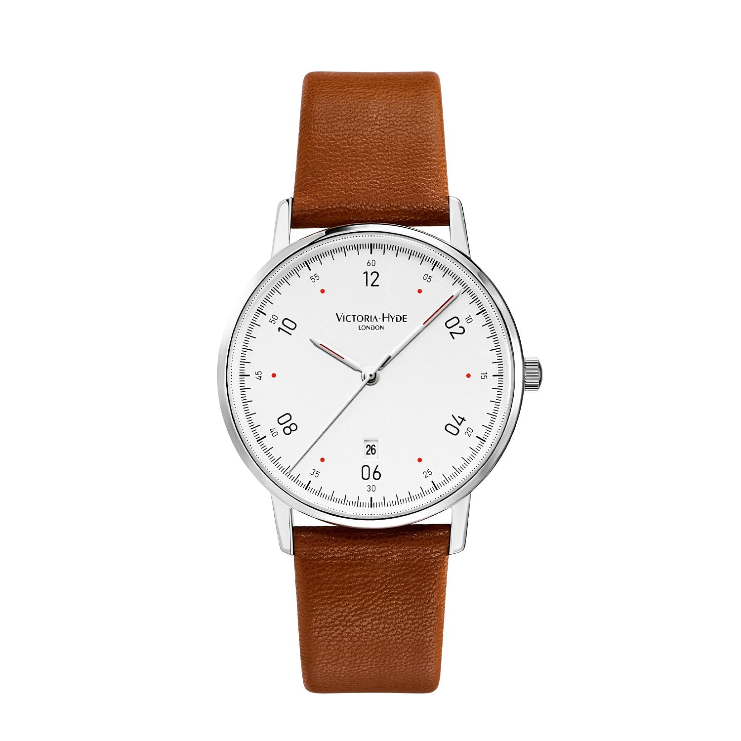 Victoria Hyde Orton men's watch, silver copper case, sand-effect dial, brown apple leather strap, precise quartz movement, 3 ATM water resistant.
