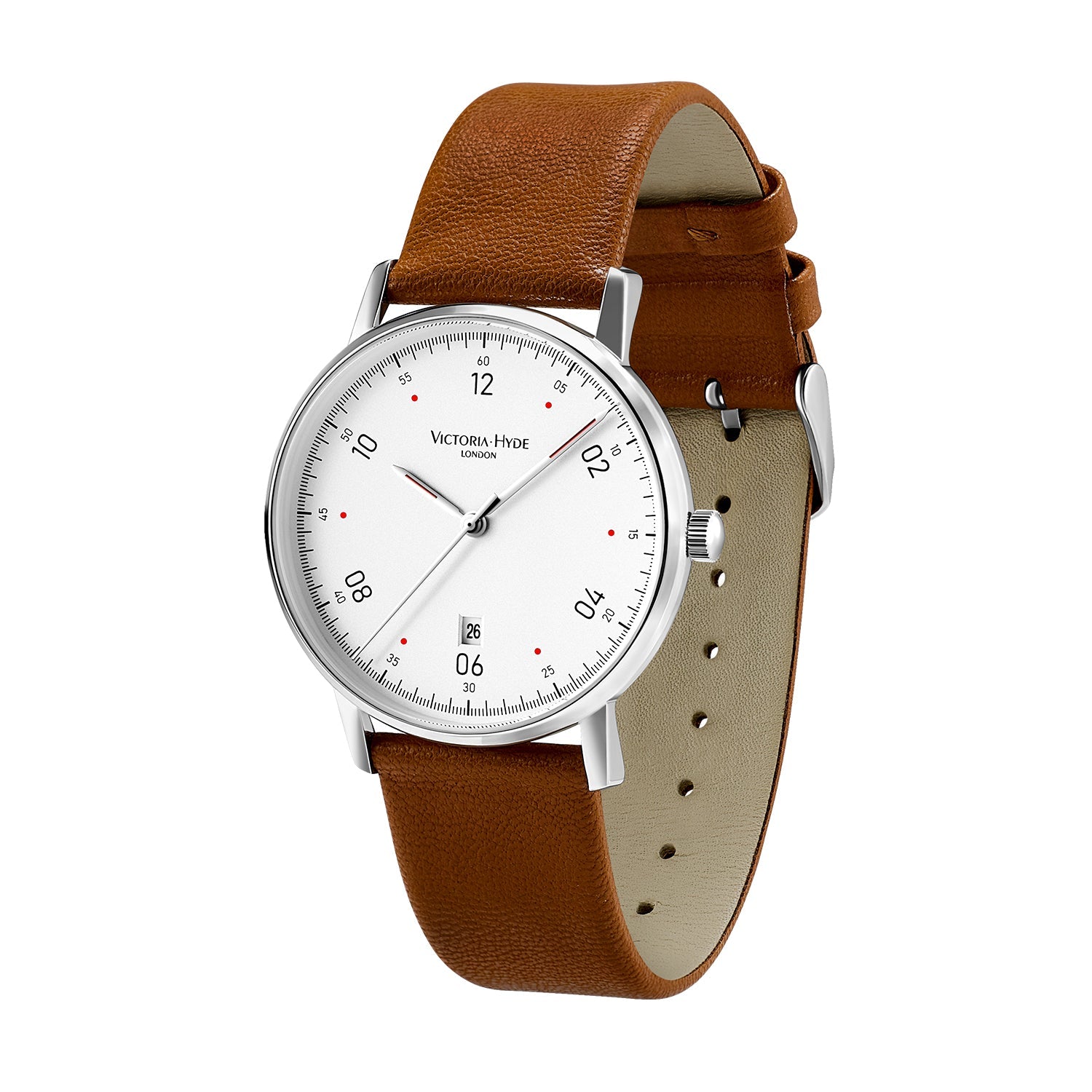 Victoria Hyde Orton men's watch, silver copper case, sand-effect dial, brown apple leather strap, precise quartz movement, 3 ATM water resistant.