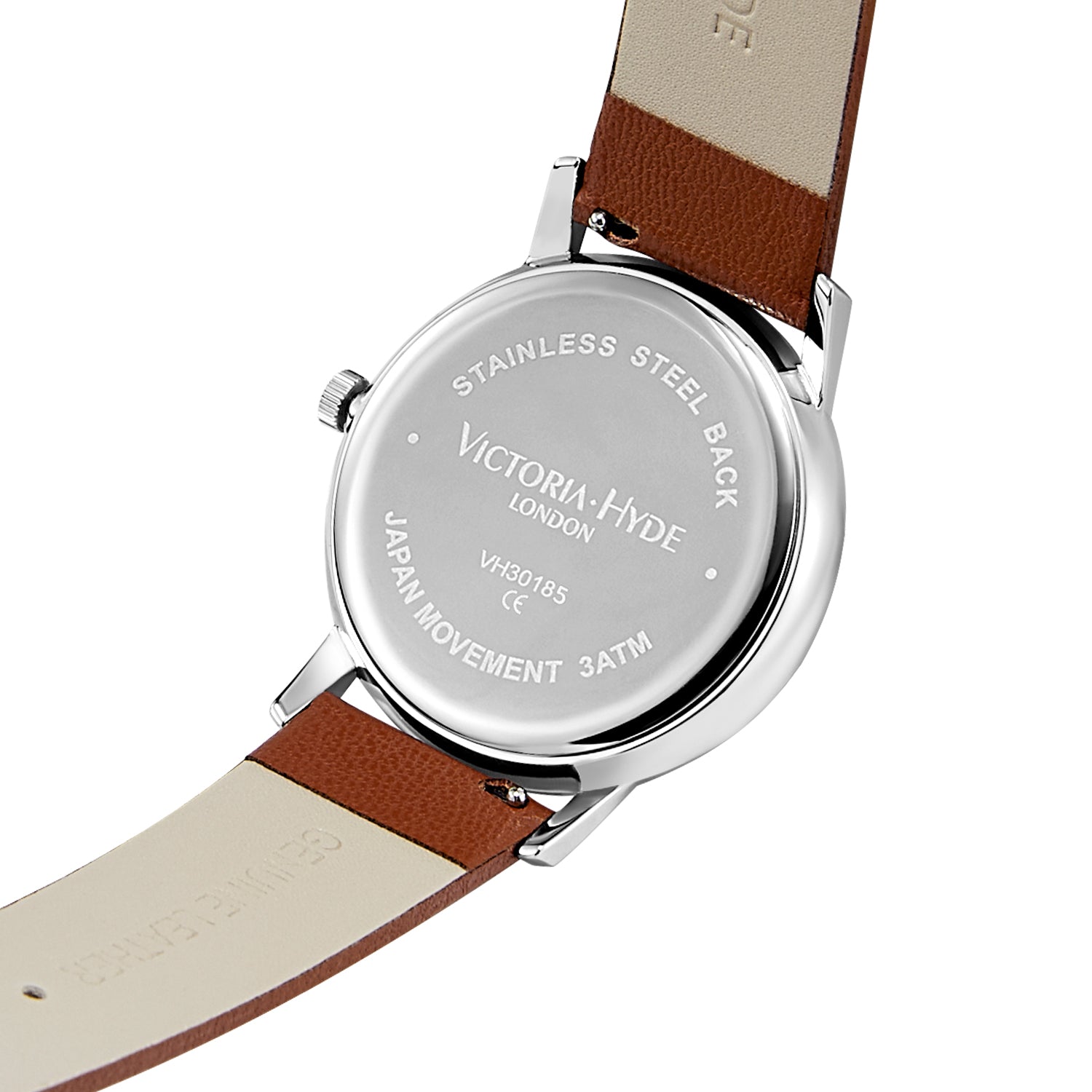 Victoria Hyde Orton men's watch, silver copper case, sand-effect dial, brown apple leather strap, precise quartz movement, 3 ATM water resistant.