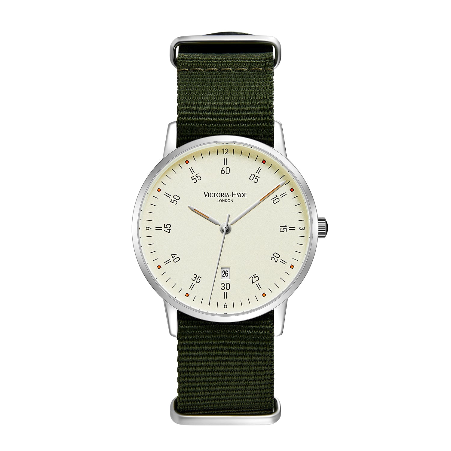 Victoria Hyde London Orton men's watch: silver copper case, beige sand-effect dial, dark green nylon strap. Sporty & elegant.