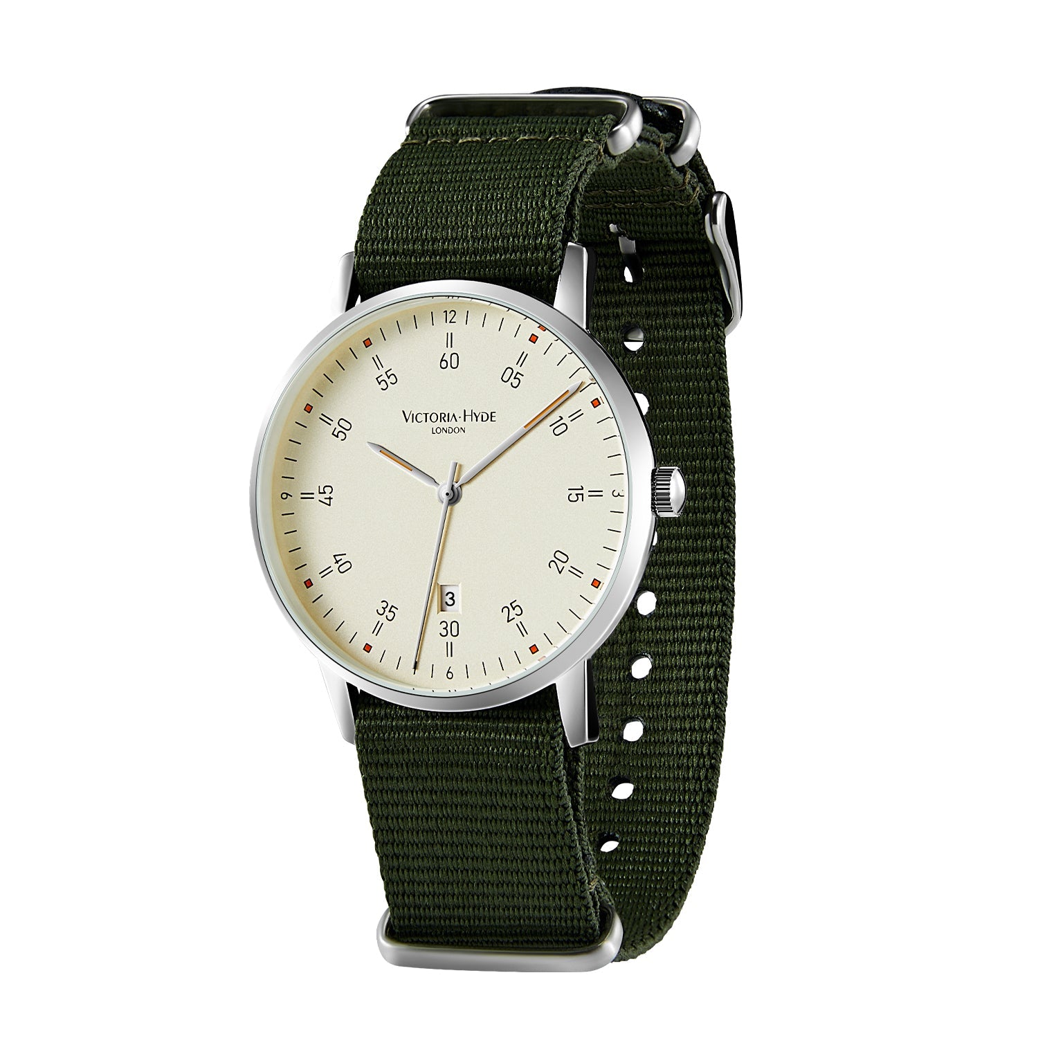 Victoria Hyde London Orton men's watch: silver copper case, beige sand-effect dial, dark green nylon strap. Sporty & elegant.