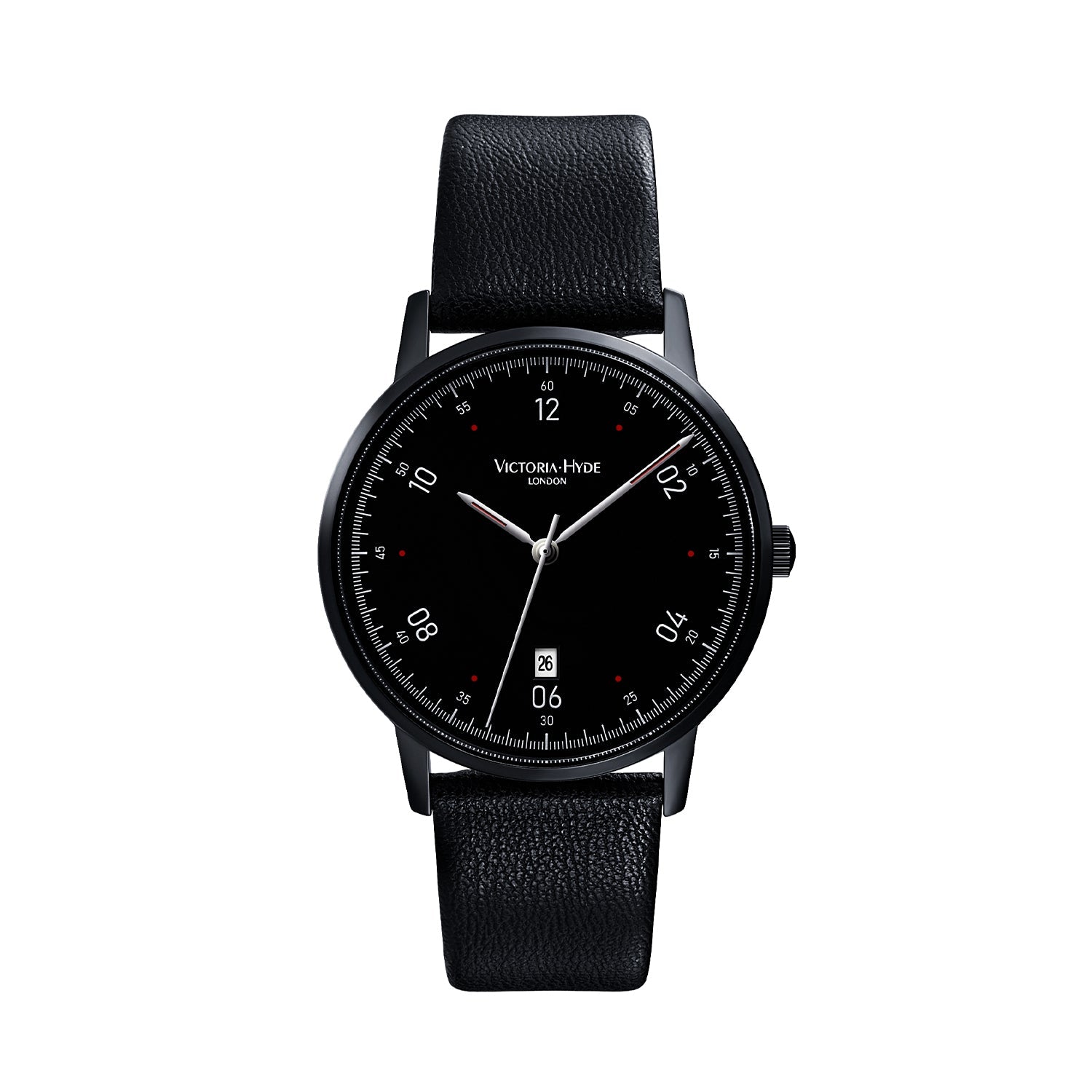 Black Victoria Hyde London Orton series men's watch. 39mm eco-friendly copper case, fine sand black dial, apple leather strap. Minimalist, quartz movement