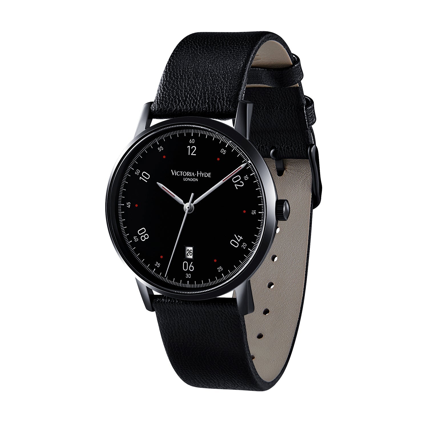 Black Victoria Hyde London Orton series men's watch. 39mm eco-friendly copper case, fine sand black dial, apple leather strap. Minimalist, quartz movement