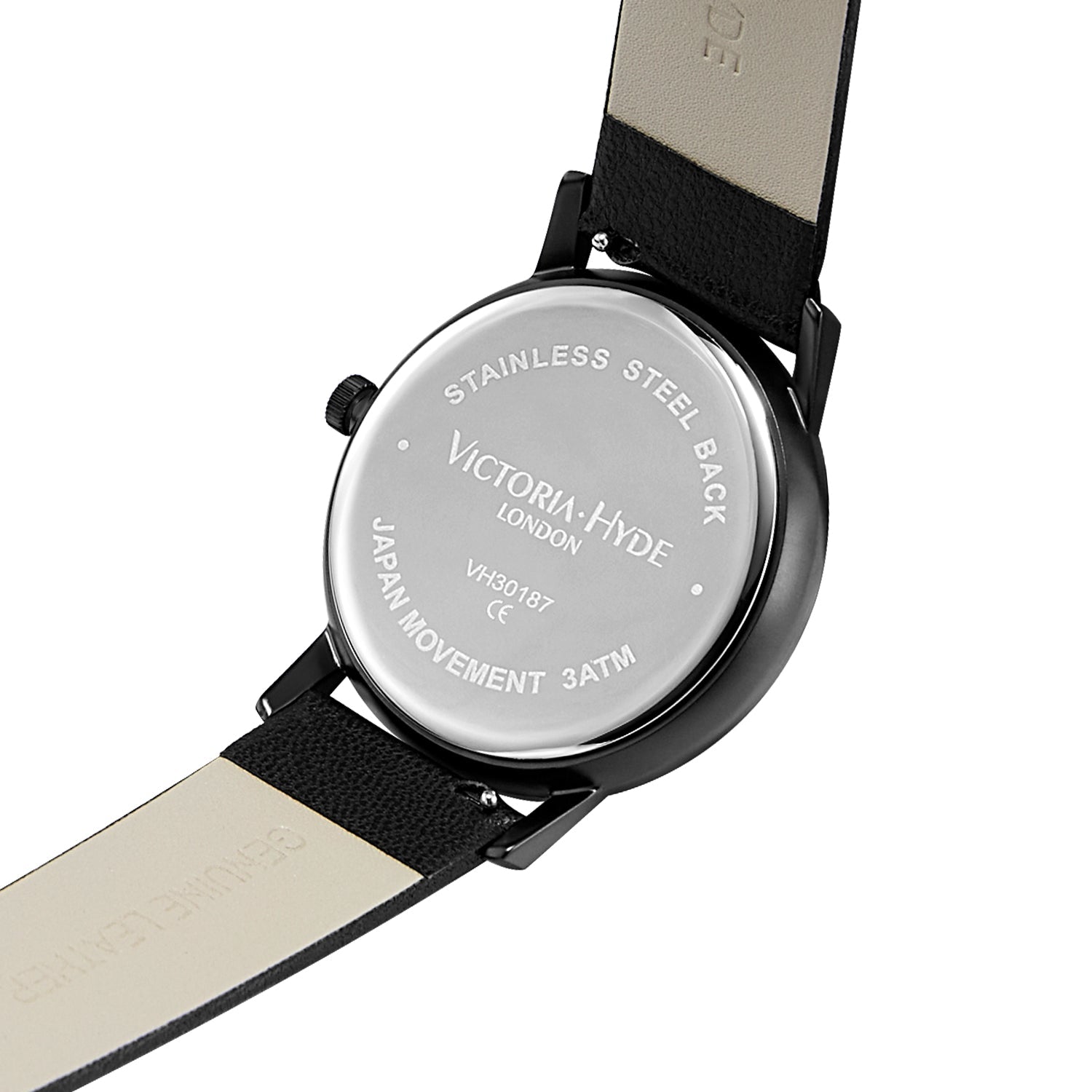 Black Victoria Hyde London Orton series men's watch. 39mm eco-friendly copper case, fine sand black dial, apple leather strap. Minimalist, quartz movement