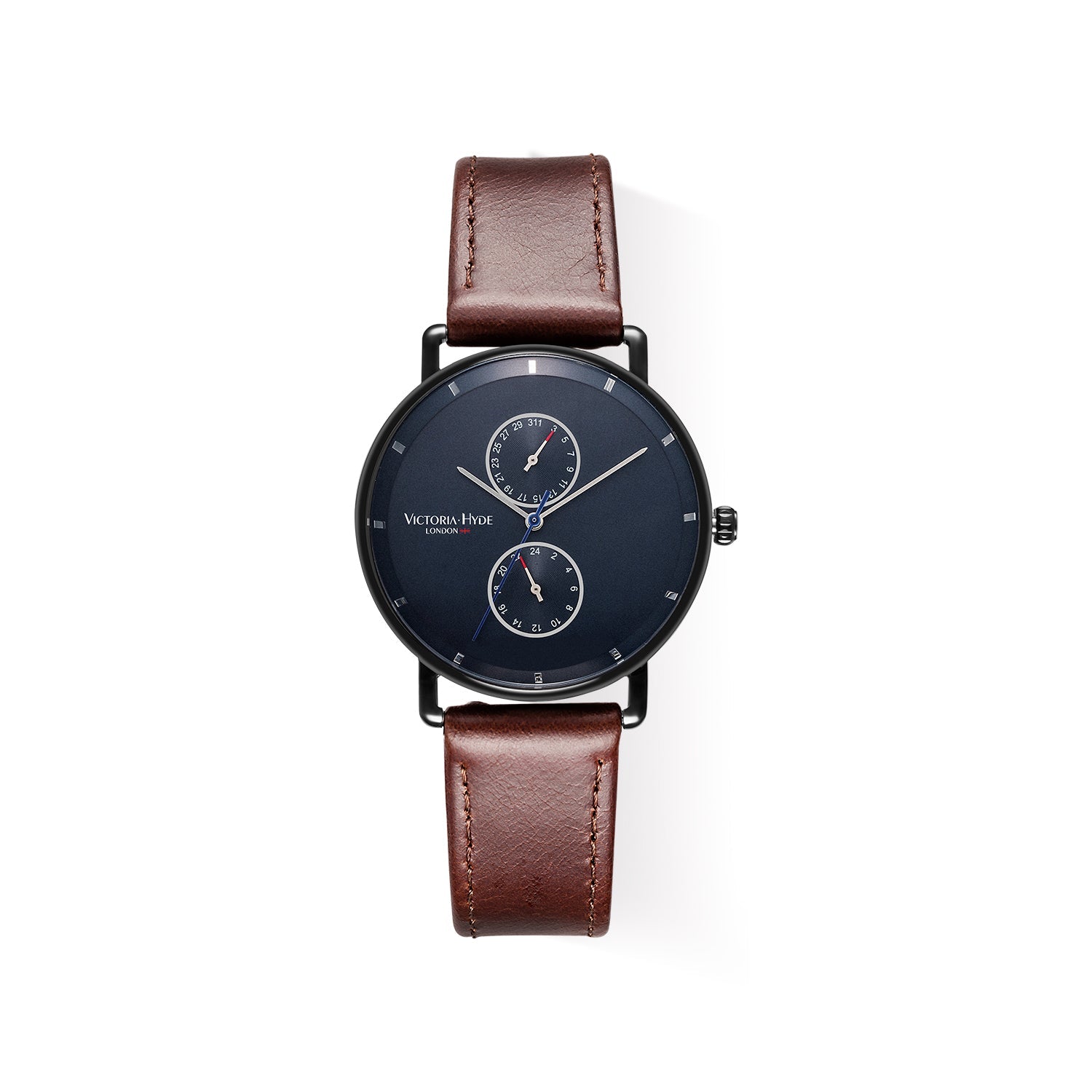 Victoria Hyde Grange Hill Date unisex watch with brown leather strap, black case, chronograph, Miyota movement, mineral glass, 40mm.