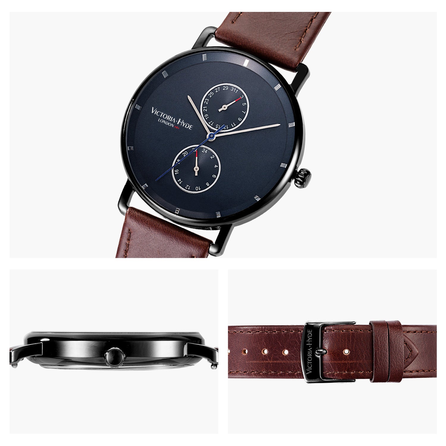 Victoria Hyde Grange Hill Date unisex watch with brown leather strap, black case, chronograph, Miyota movement, mineral glass, 40mm.