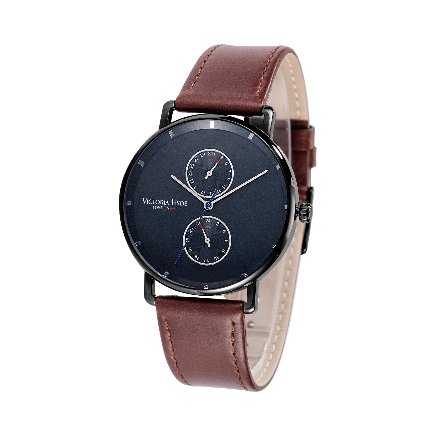 Victoria Hyde Grange Hill Date unisex watch with brown leather strap, black case, chronograph, Miyota movement, mineral glass, 40mm.