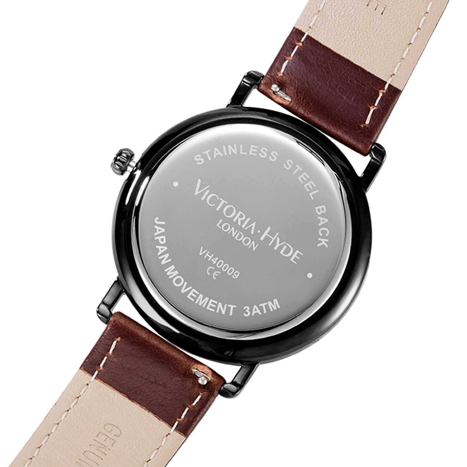 Victoria Hyde Grange Hill Date unisex watch with brown leather strap, black case, chronograph, Miyota movement, mineral glass, 40mm.