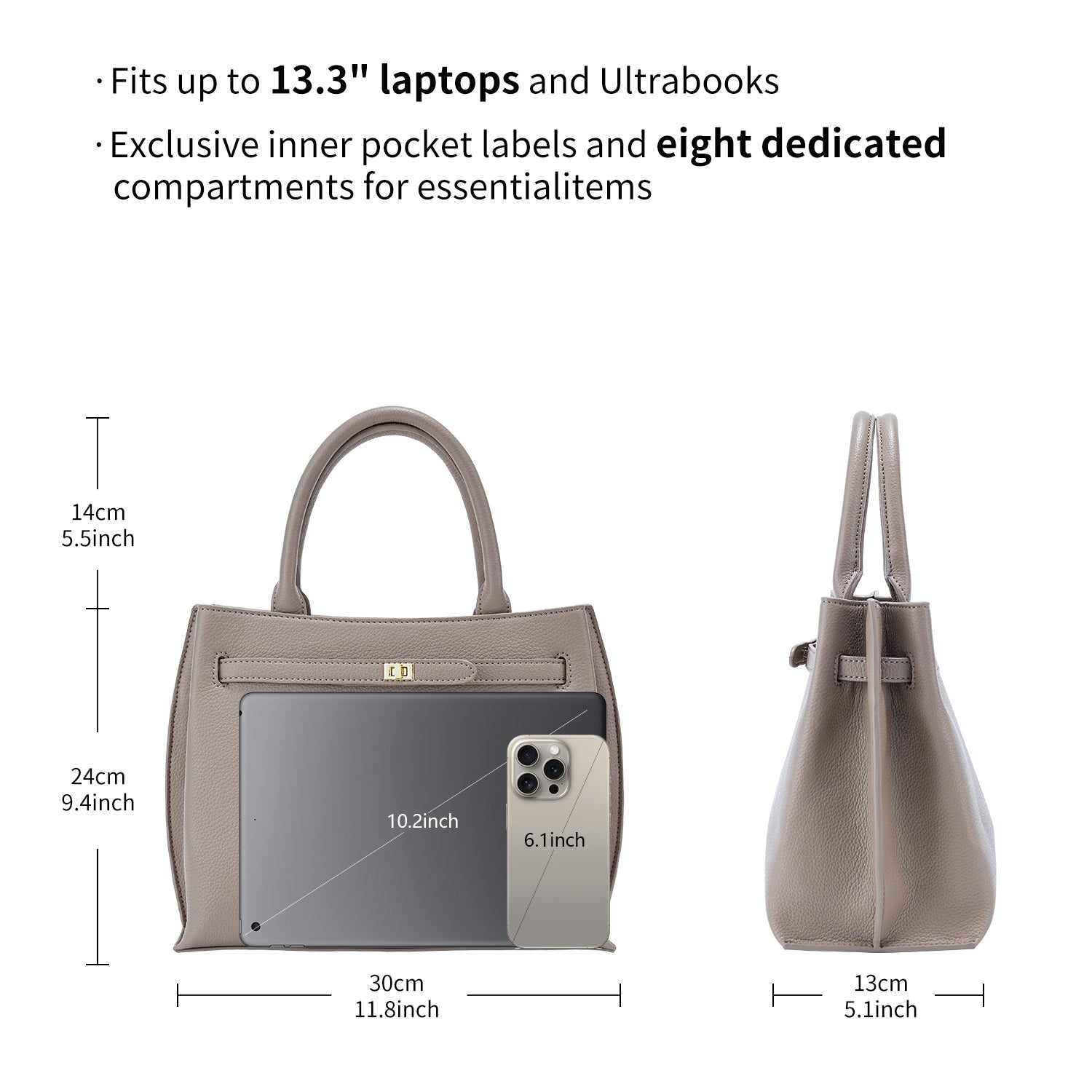 Victoria Hyde Lambeth elegant faux leather shoulder bag with gold accents, sustainable, structured interior, perfect work handbag for women.