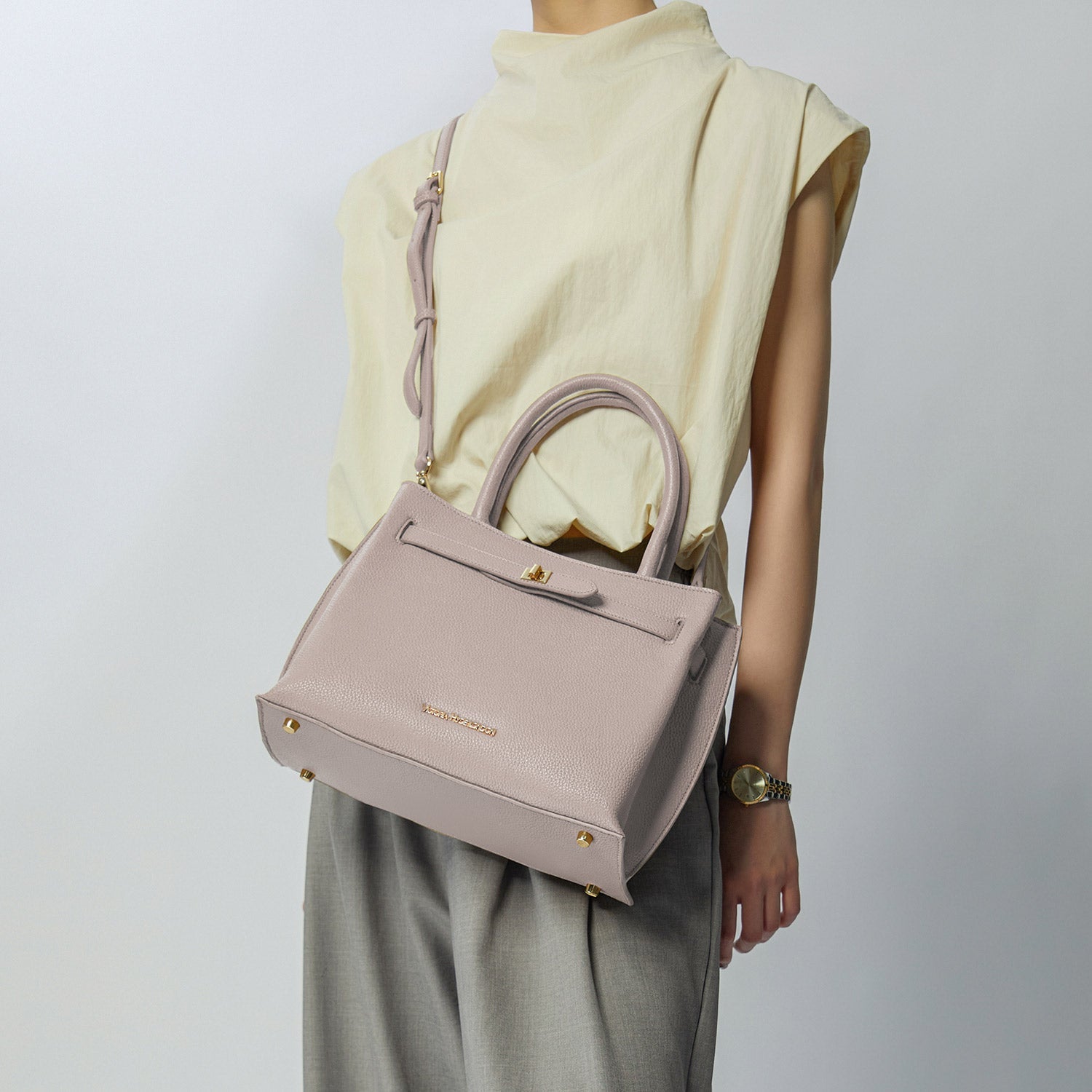 Victoria Hyde Lambeth elegant faux leather shoulder bag with gold accents, sustainable, structured interior, perfect work handbag for women.
