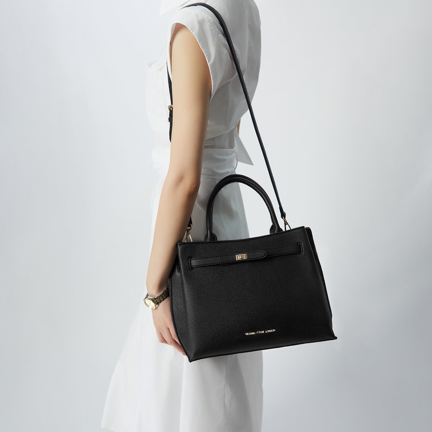 Victoria Hyde Lambeth elegant work handbag, faux leather with gold accents, versatile shoulder bag for women, sustainable design.